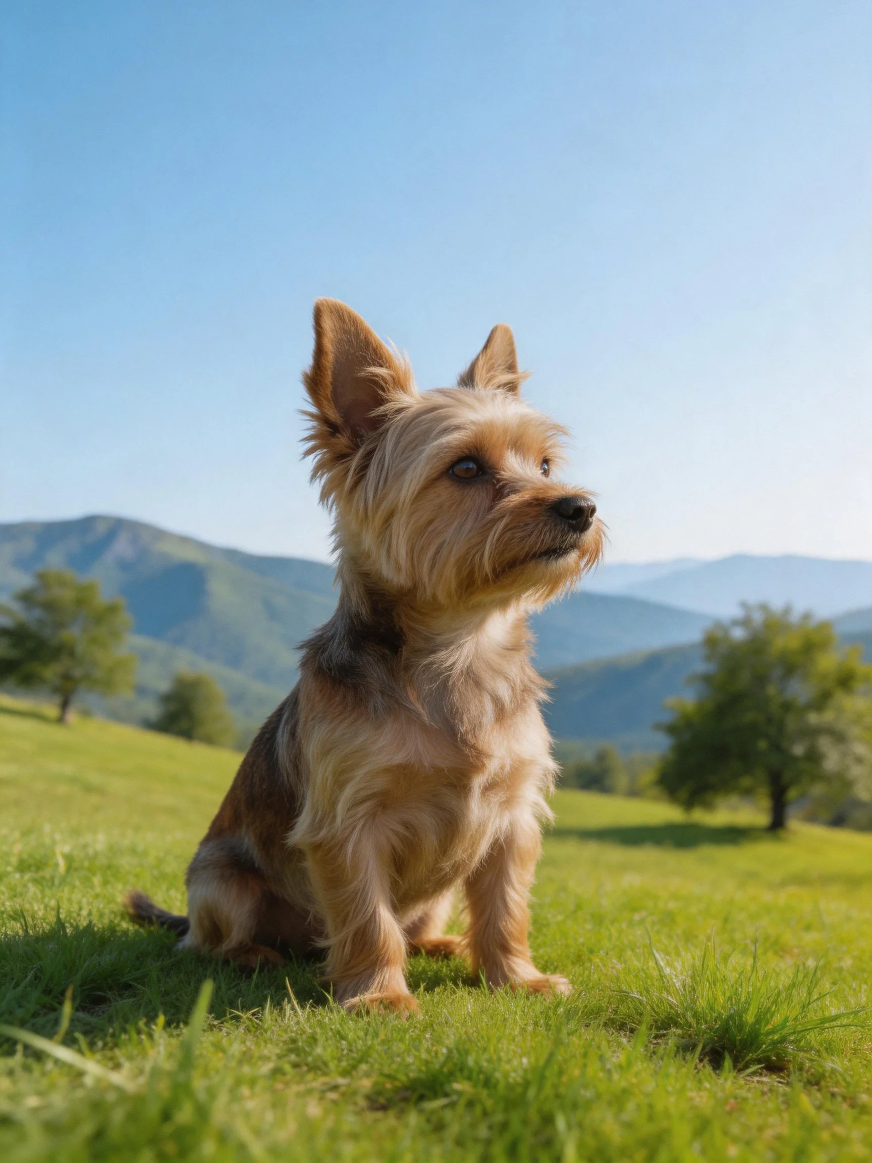 A small tan dog rests on grass with a scenic mountainous backdrop.