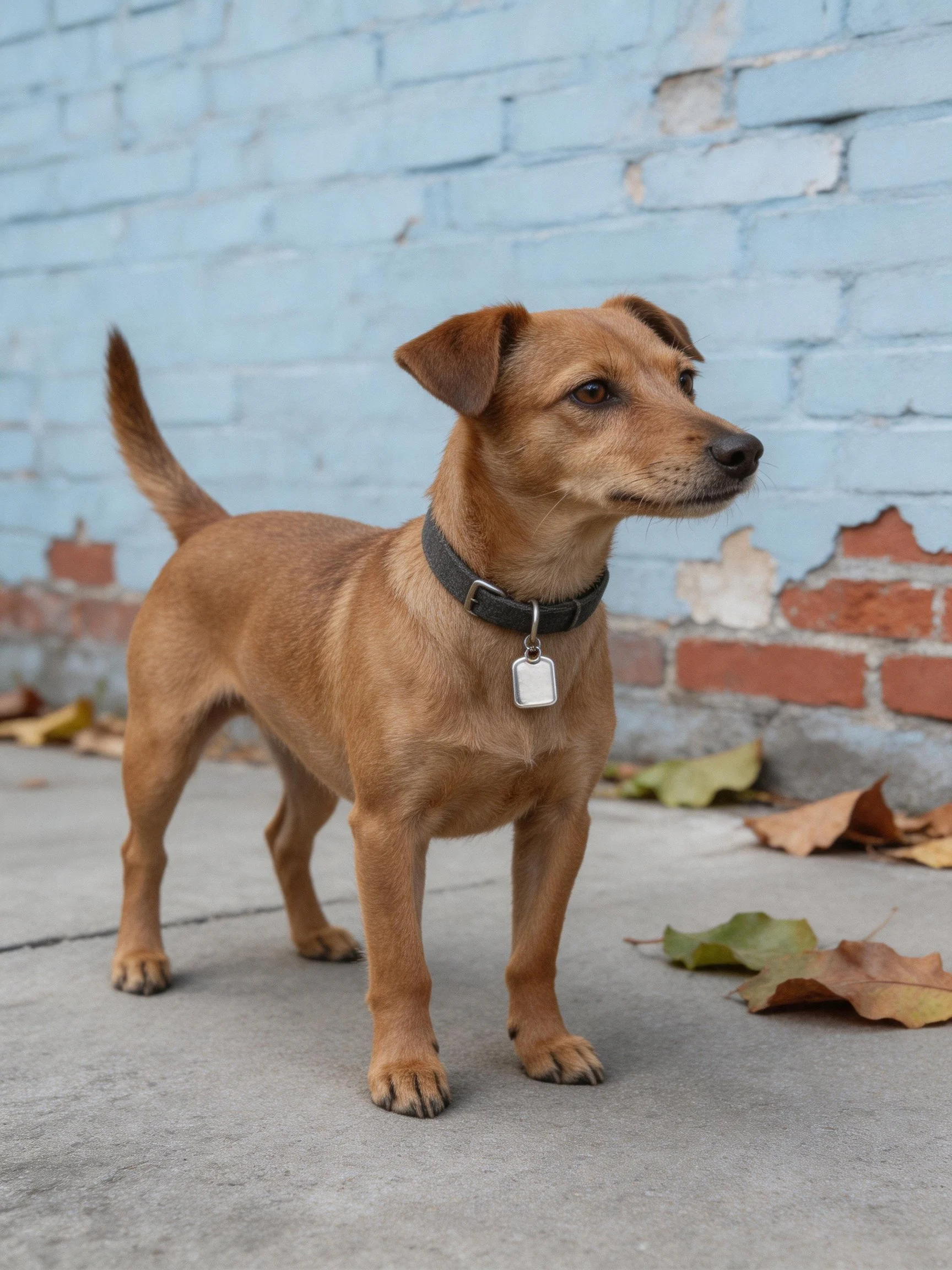 A small tan dog stands near a weathered blue brick wall with fallen leaves.