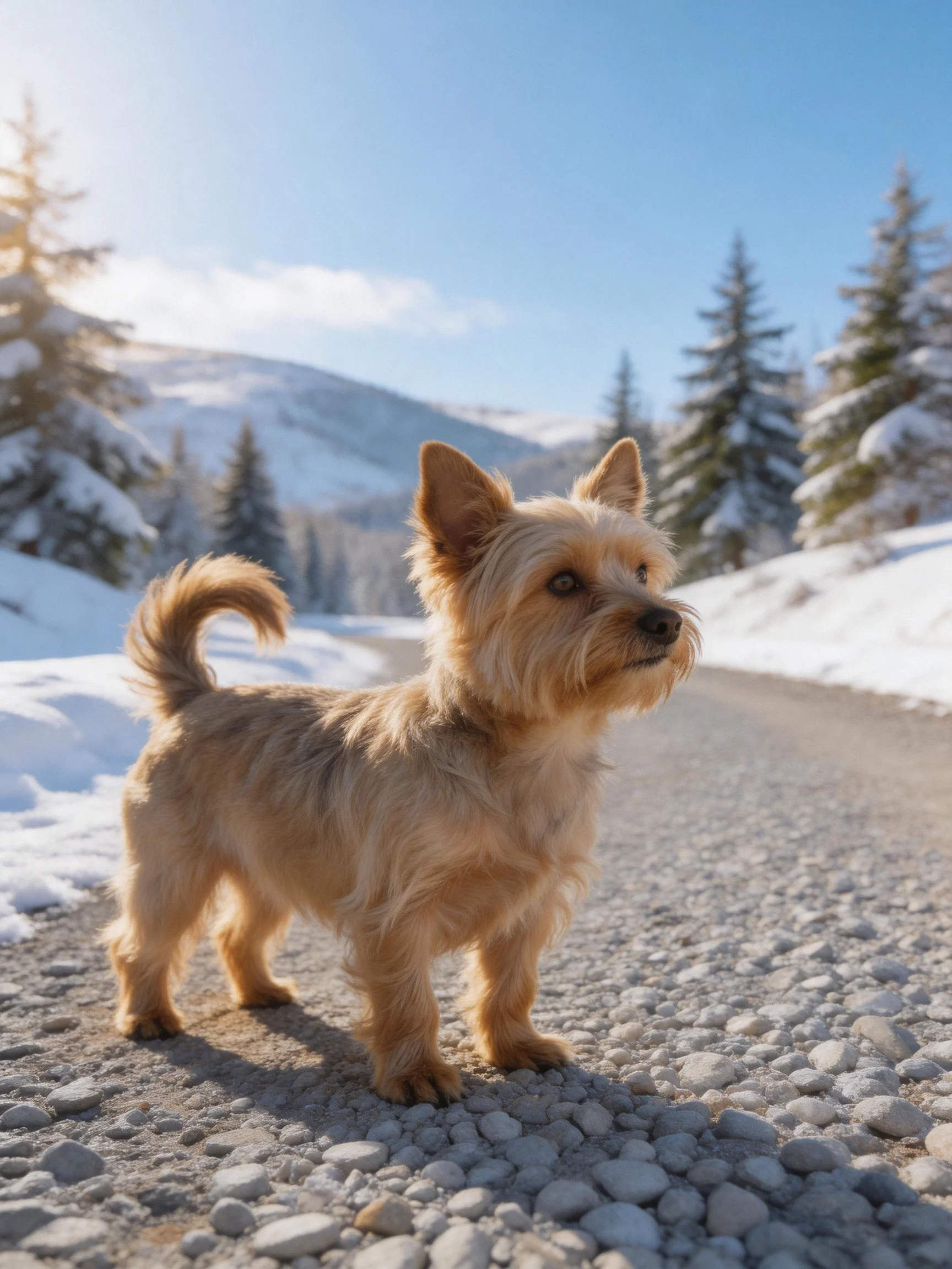 A small tan dog stands on a gravel path in a snowy mountainous landscape.