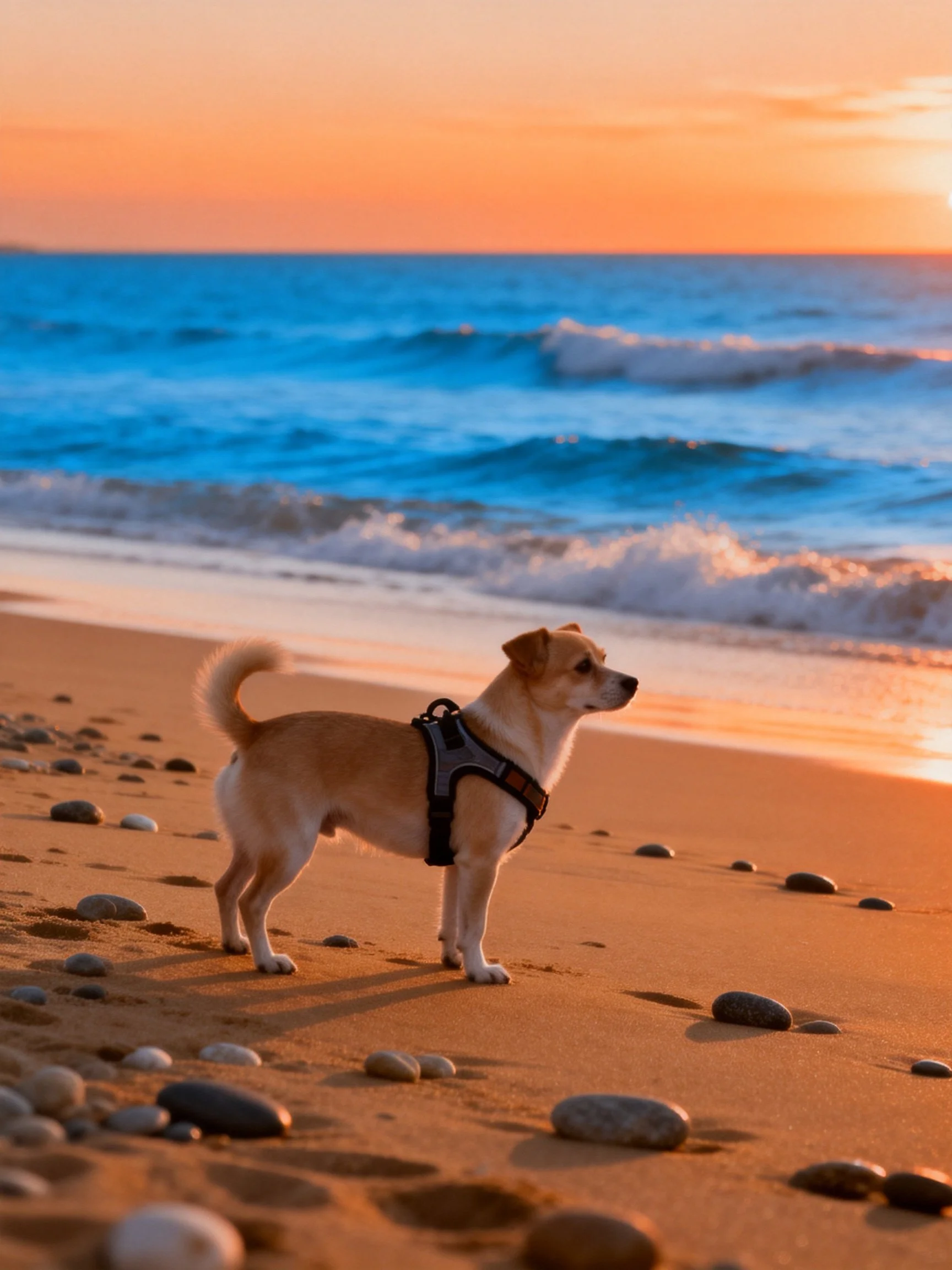 A small tan dog stands on a sandy beach as waves crash during sunset.