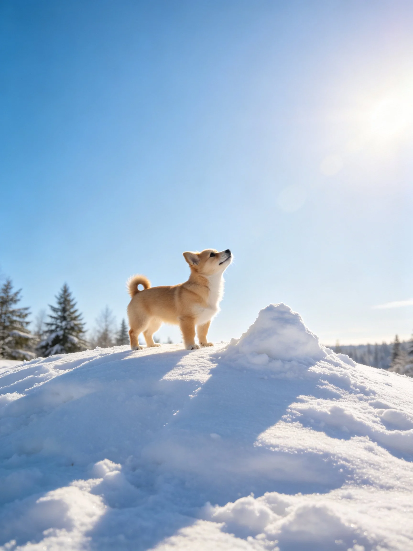 A small tan dog stands on a snow mound in a bright winter landscape.