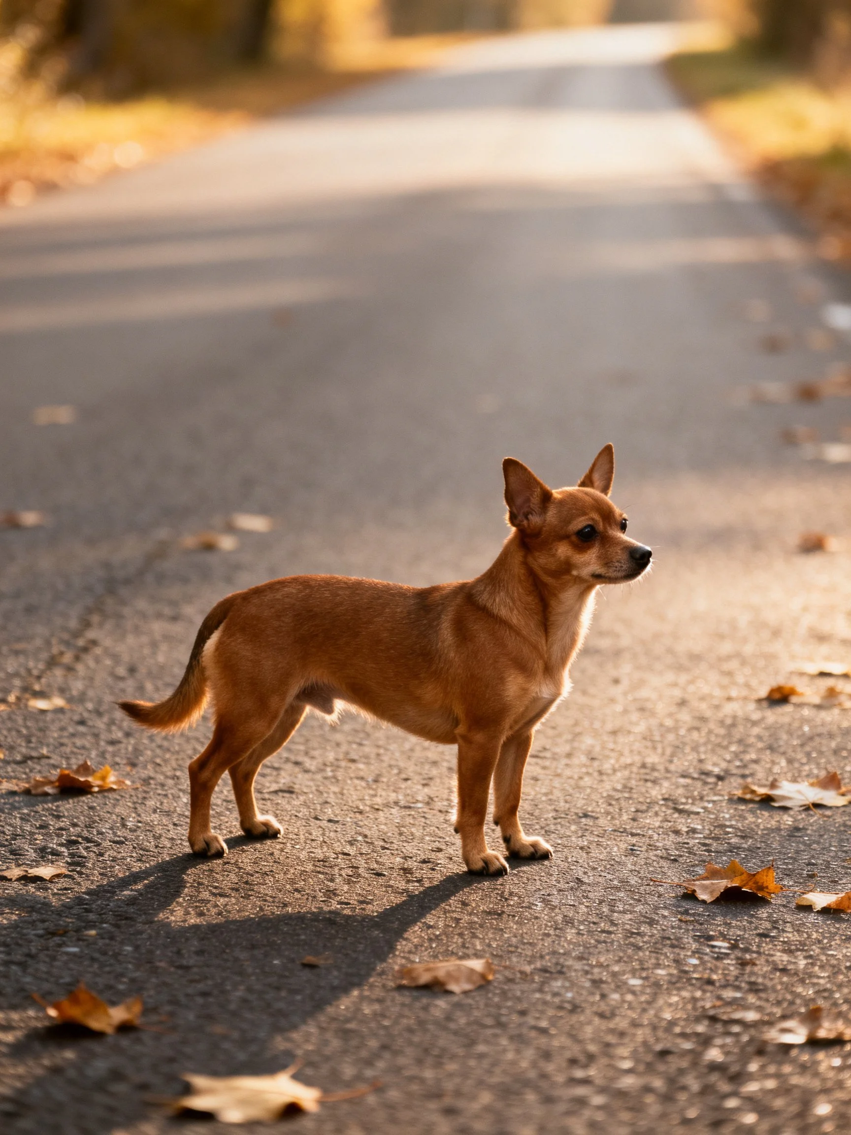 A tan dog stands alone on a leaf-dotted asphalt road under warm sunlight.