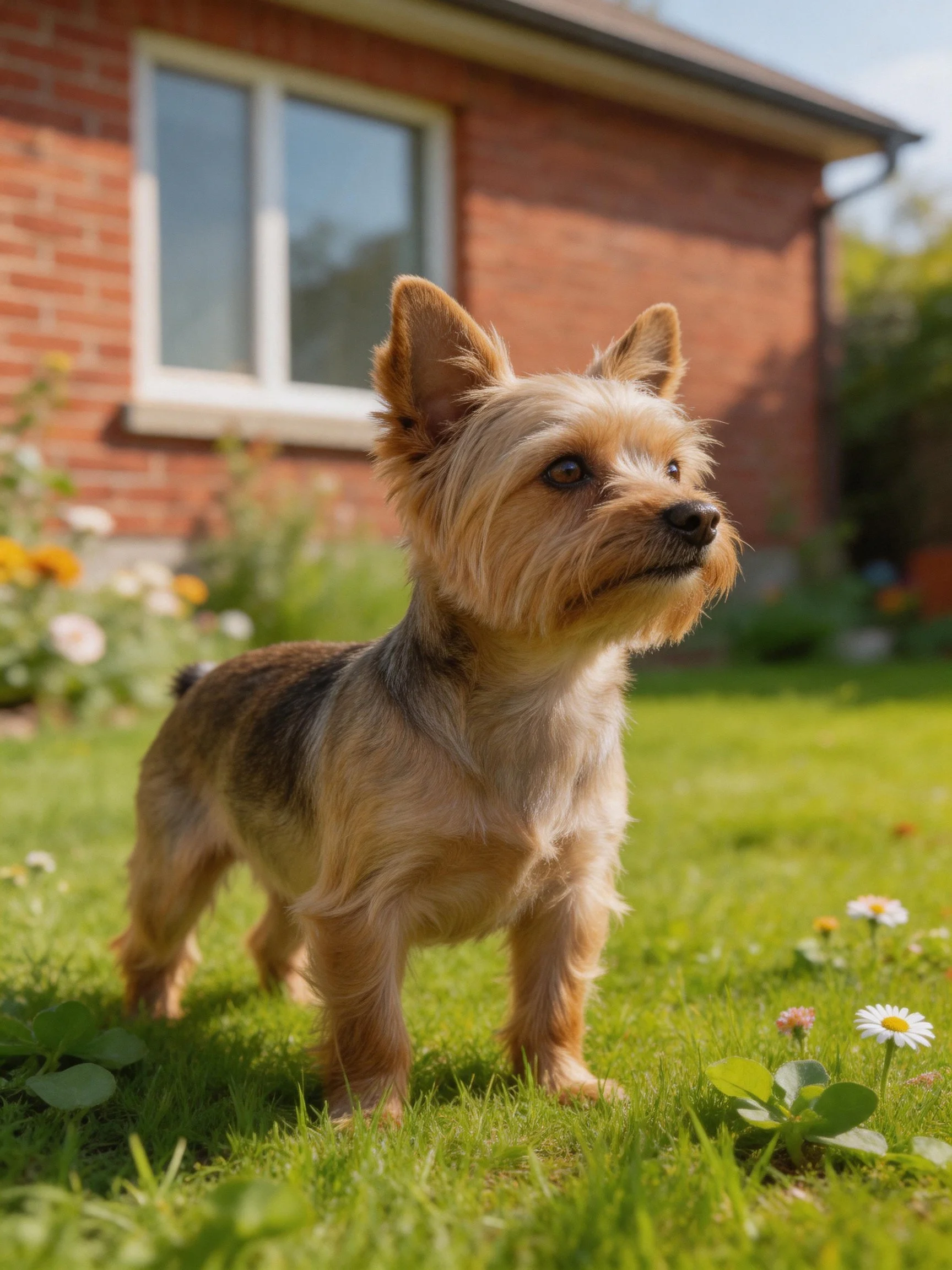 A small tan dog stands on green grass in front of a red brick house
