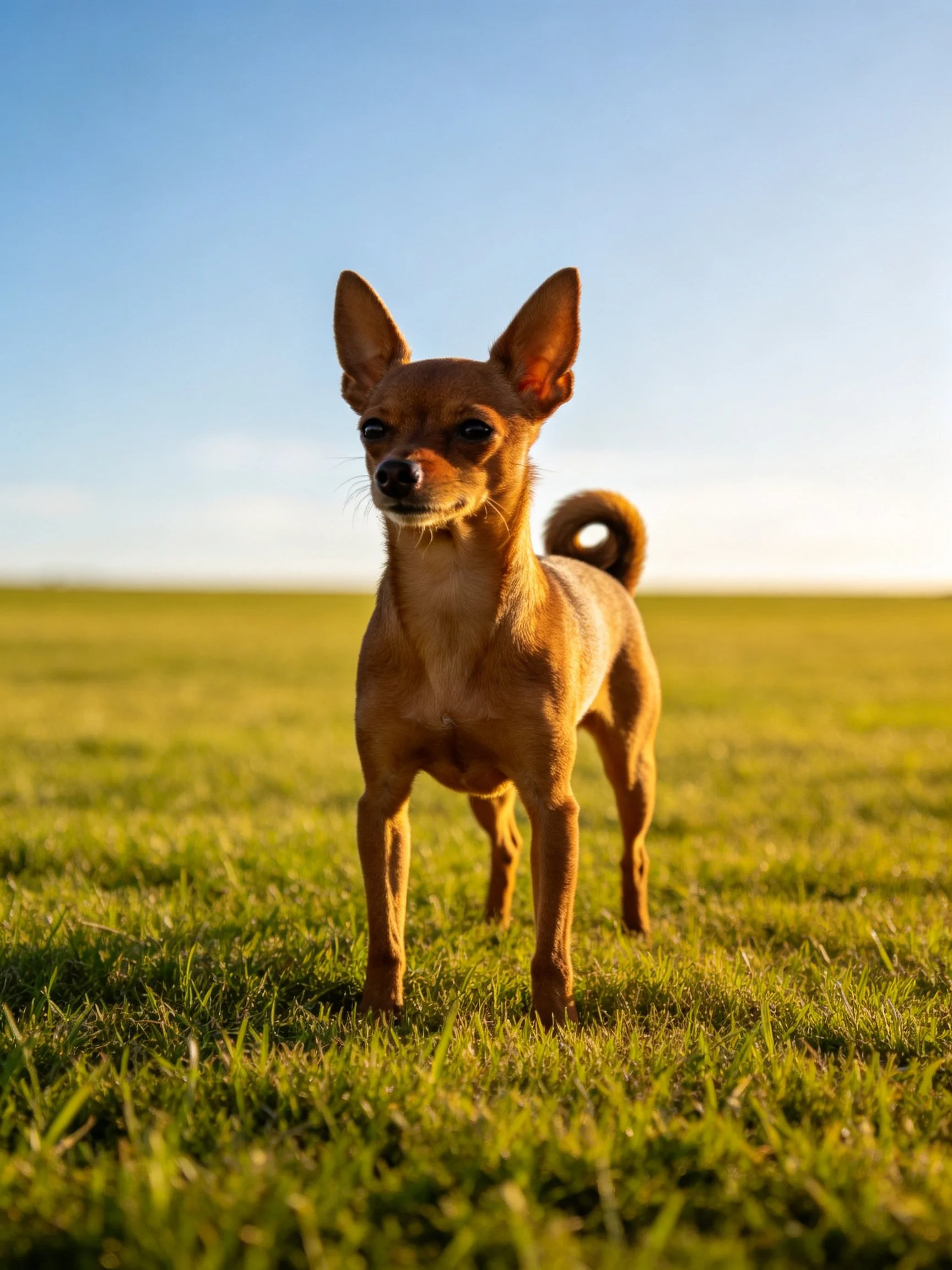 A small tan dog standsalertly on green grass with a clear blue sky.