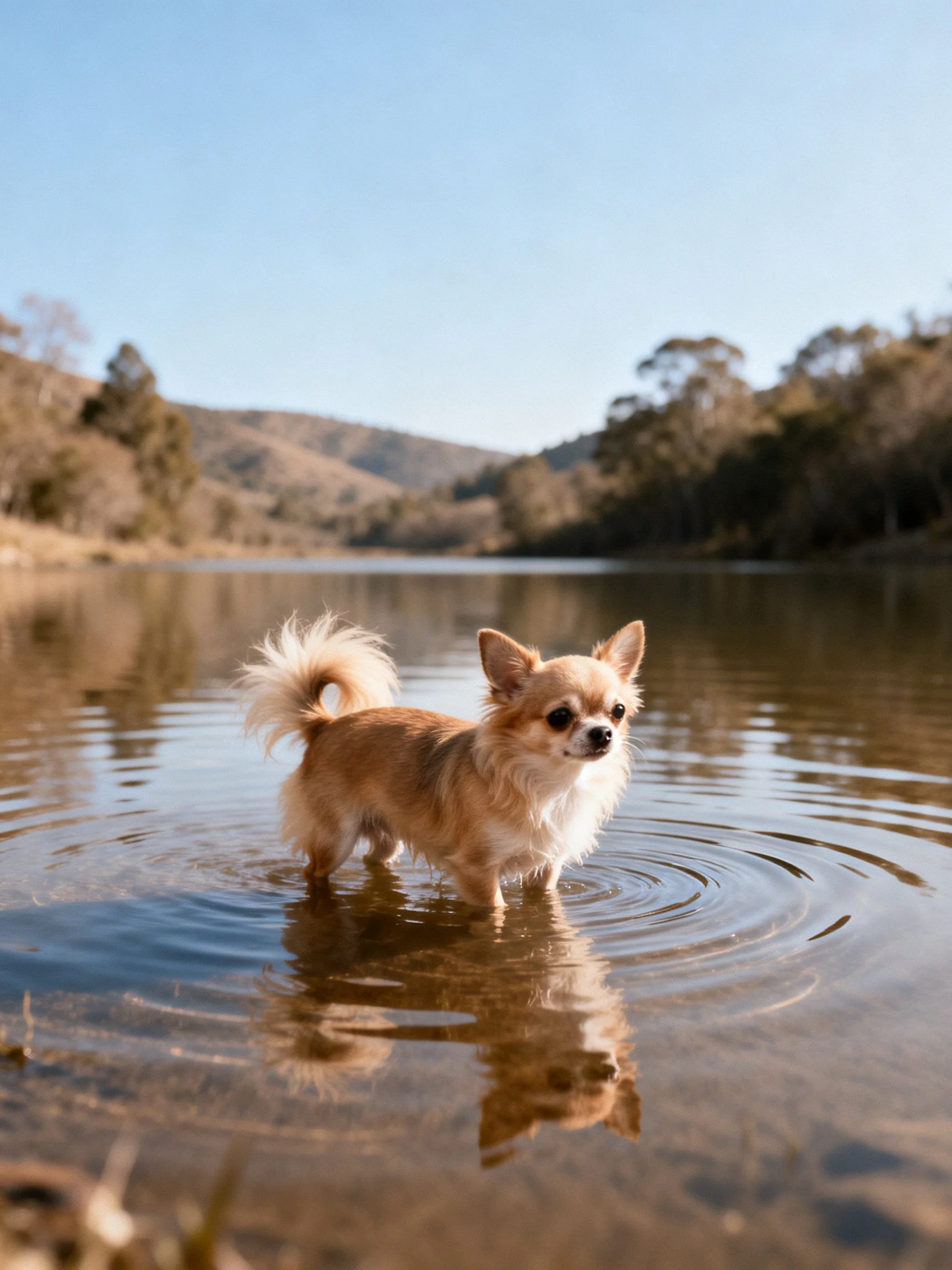 A small dog stands in a calm lake with hills and trees in the distance.