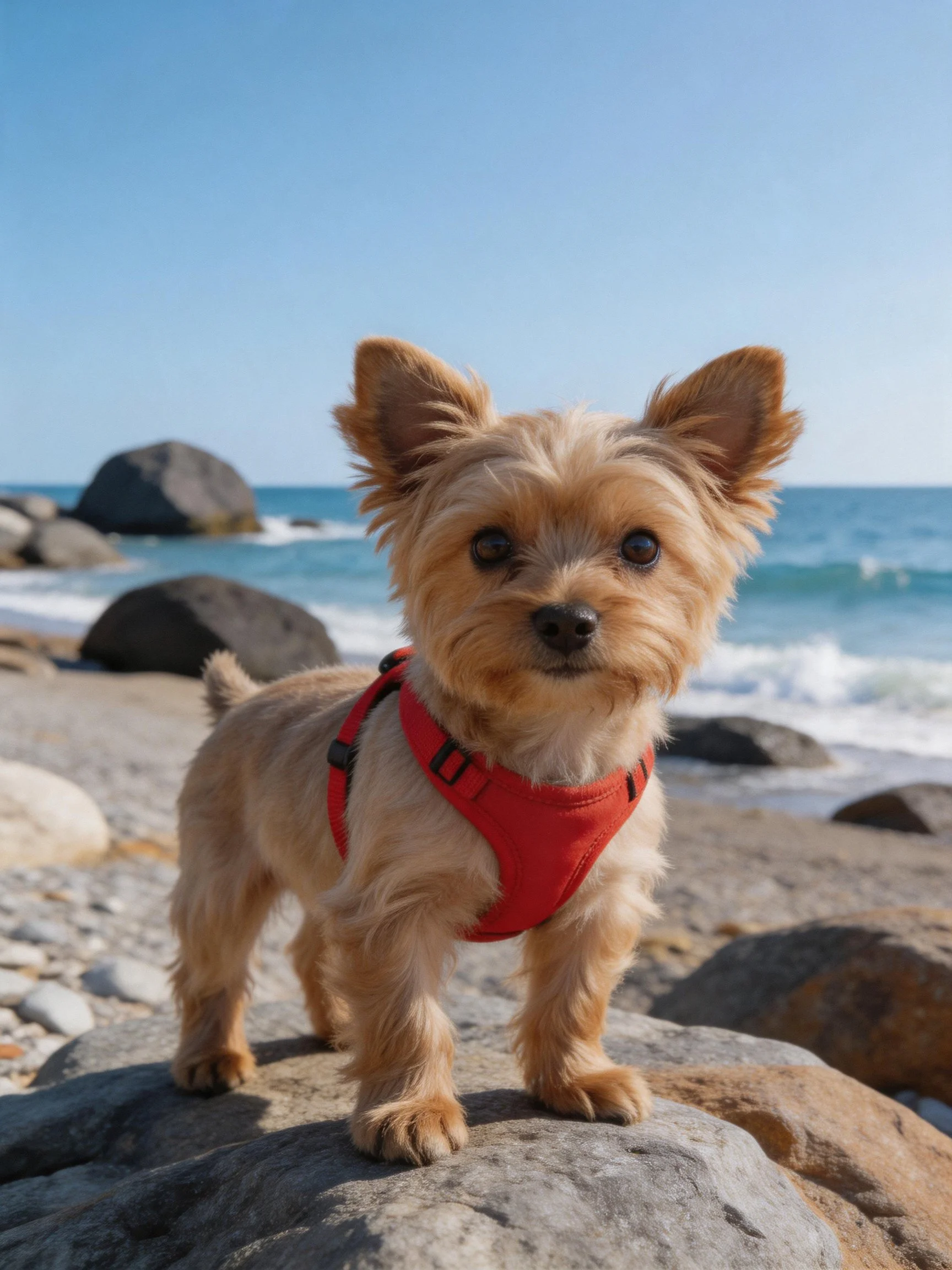 A small tan dog wearing a red harness stands on rocky shore near ocean