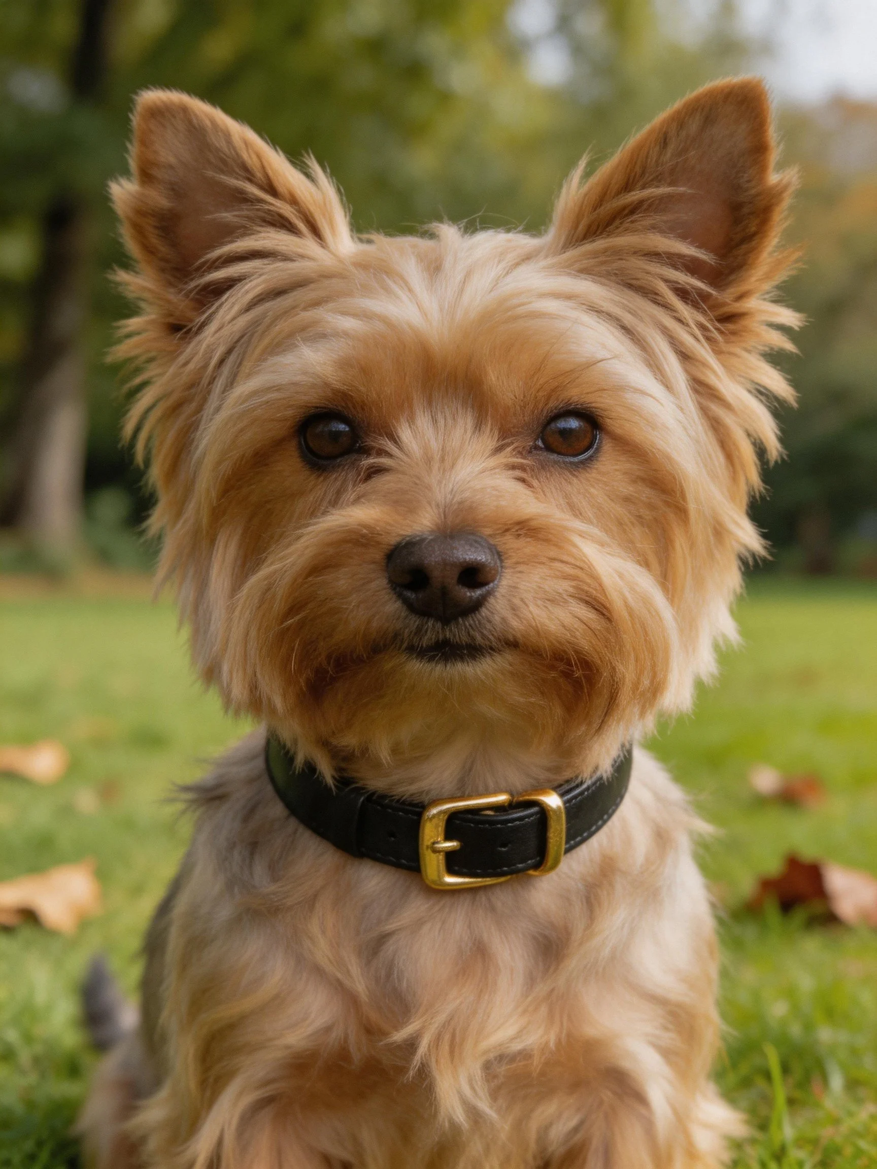 A small tan dog wearing a black collar sits on grass in a park-like setting.