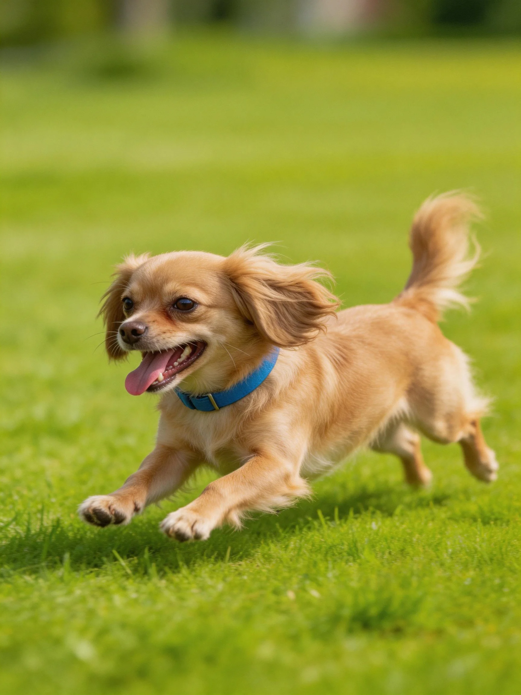 A small tan dog with a blue collar runs joyfully on green grass.