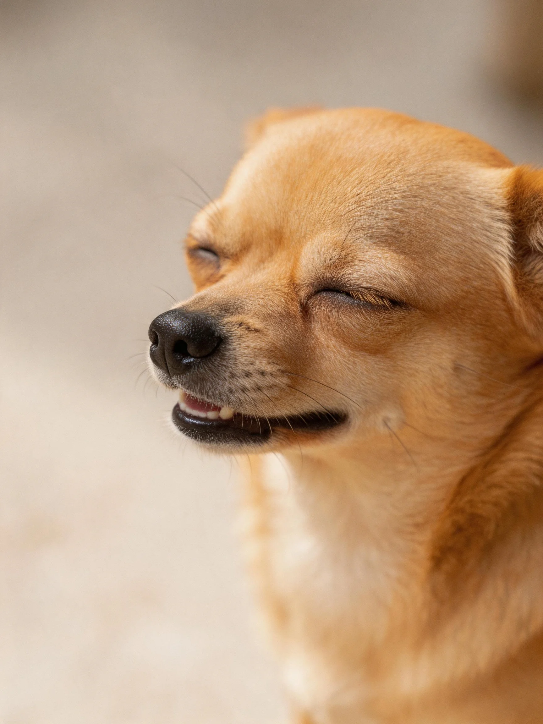 A small tan dog displays a relaxed state with closed eyes.