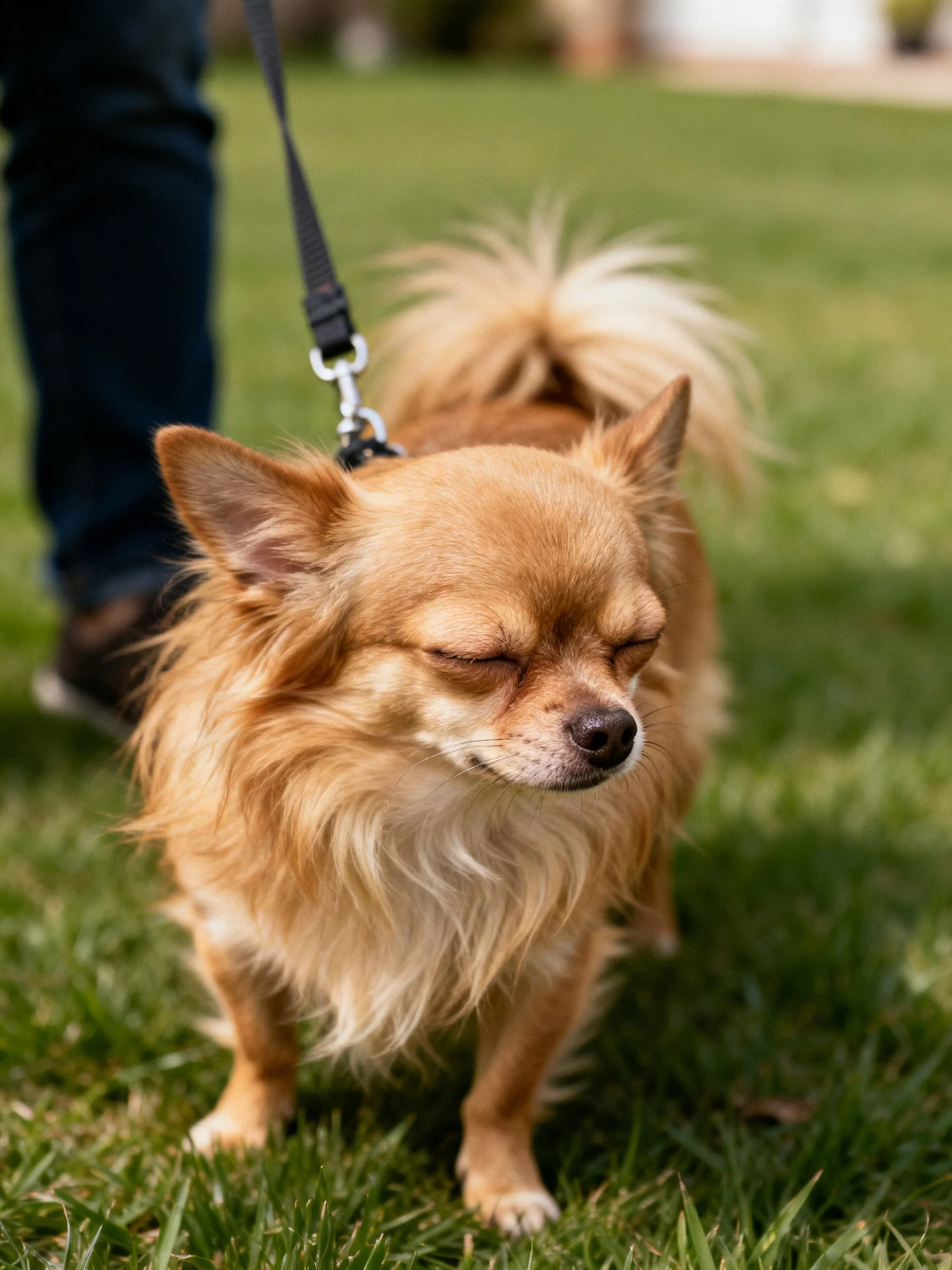 A small tan dog with closed eyes stands on grass near a person