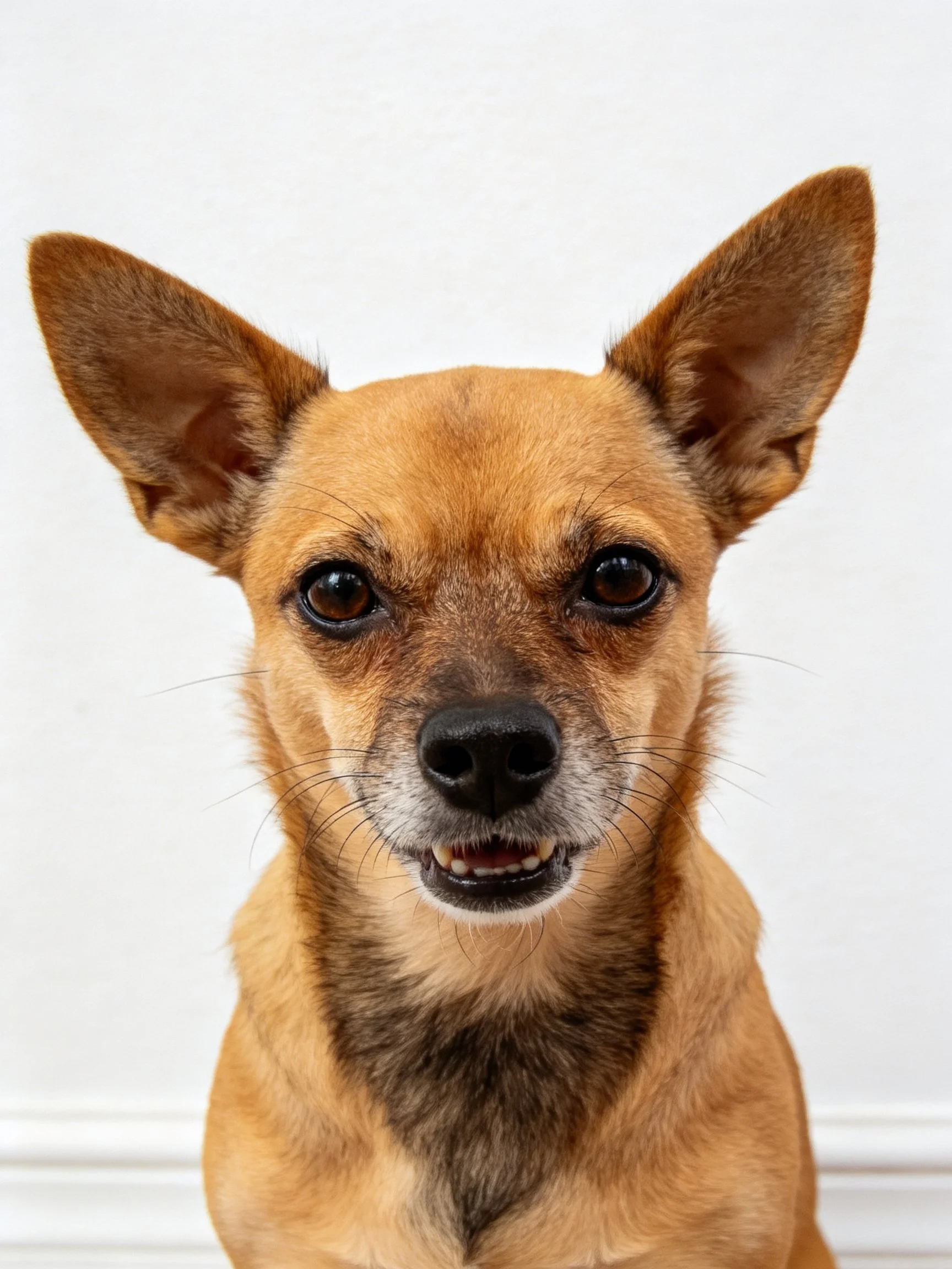A small tan dog with upright ears stands against a plain white wall.