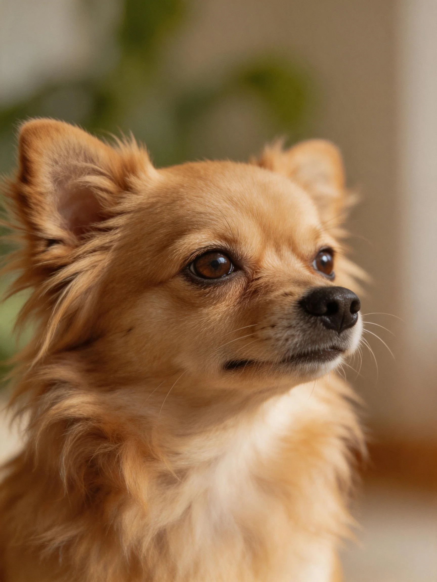 A small tan dog with long, fluffy fur gaz attentively in a softly lit space.