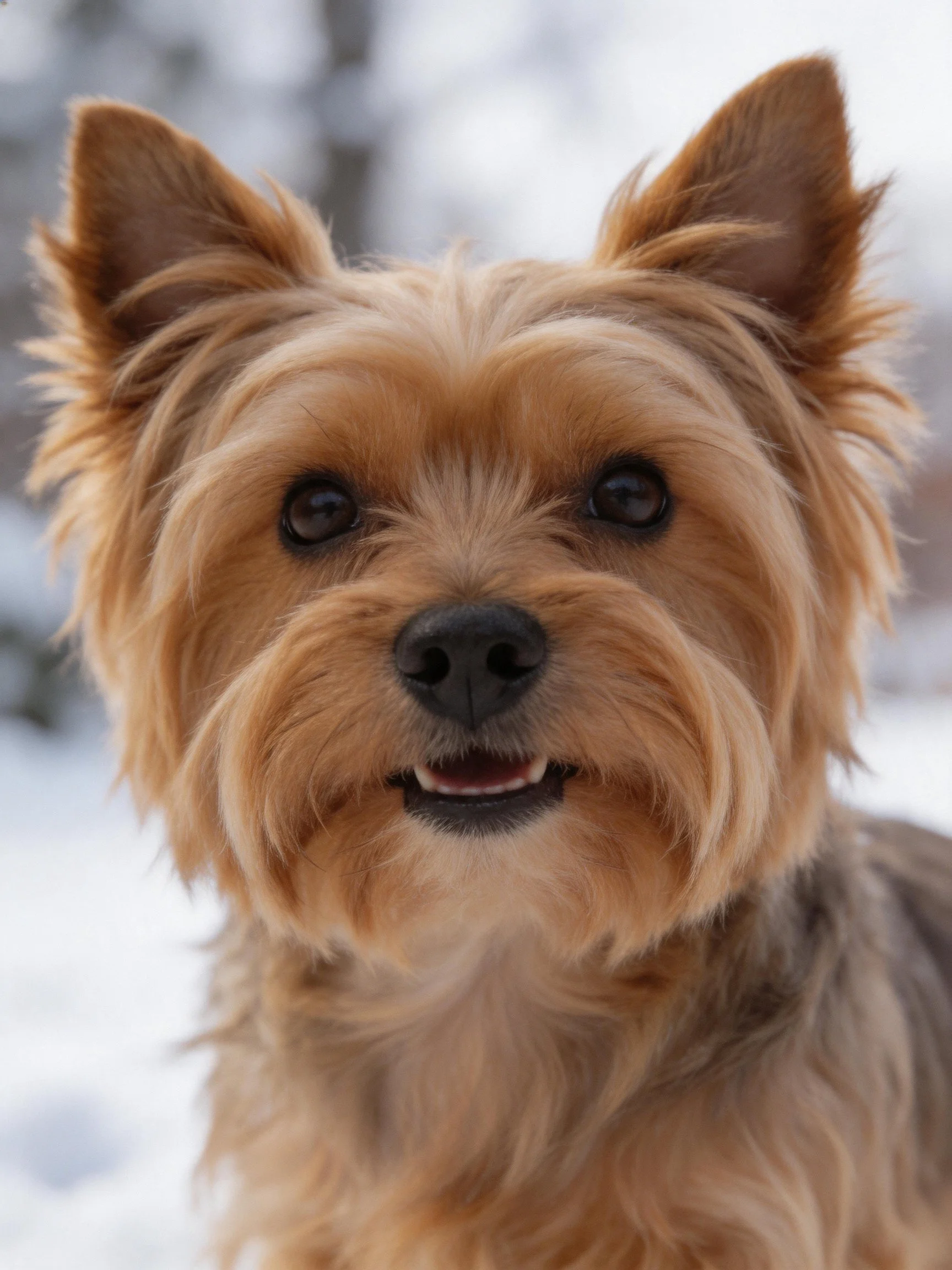 A small tan dog with shaggy fur poses outdoors in winter.