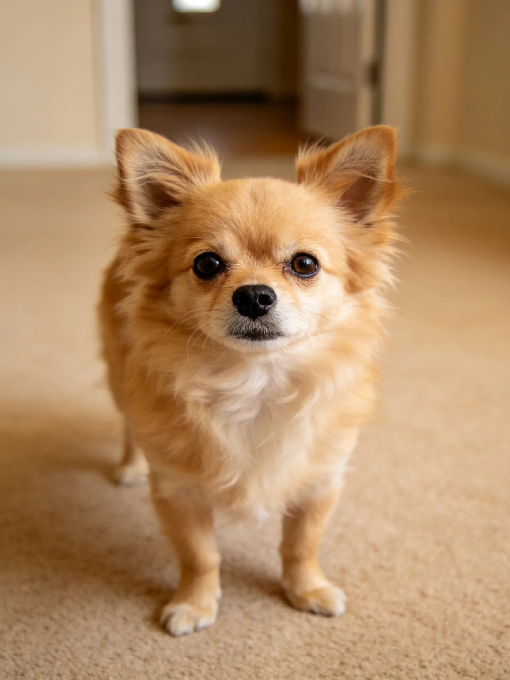 A small tan dog stands on a carpeted indoor area.