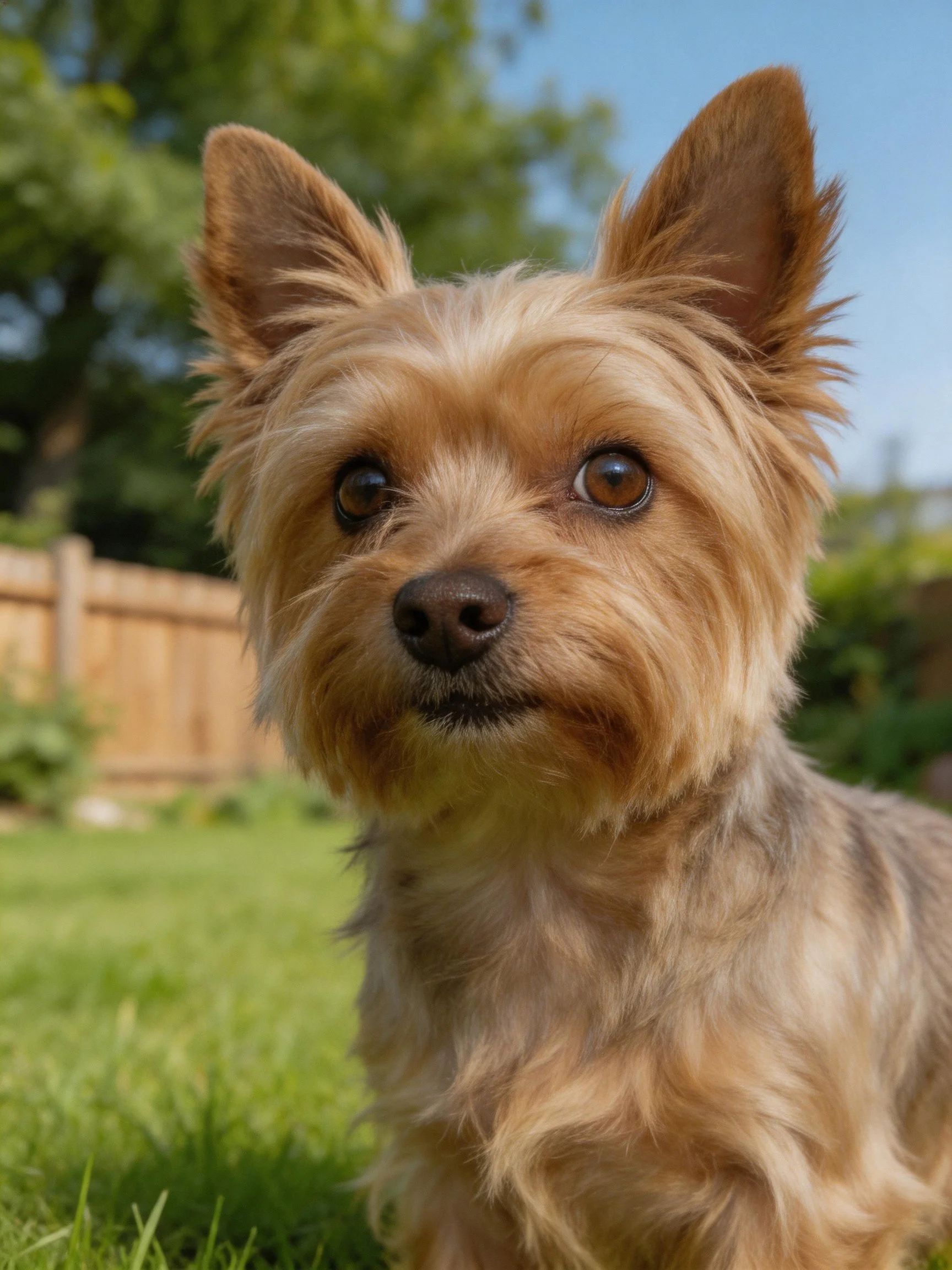 A small tan dog looks attentively in a sunny backyard setting