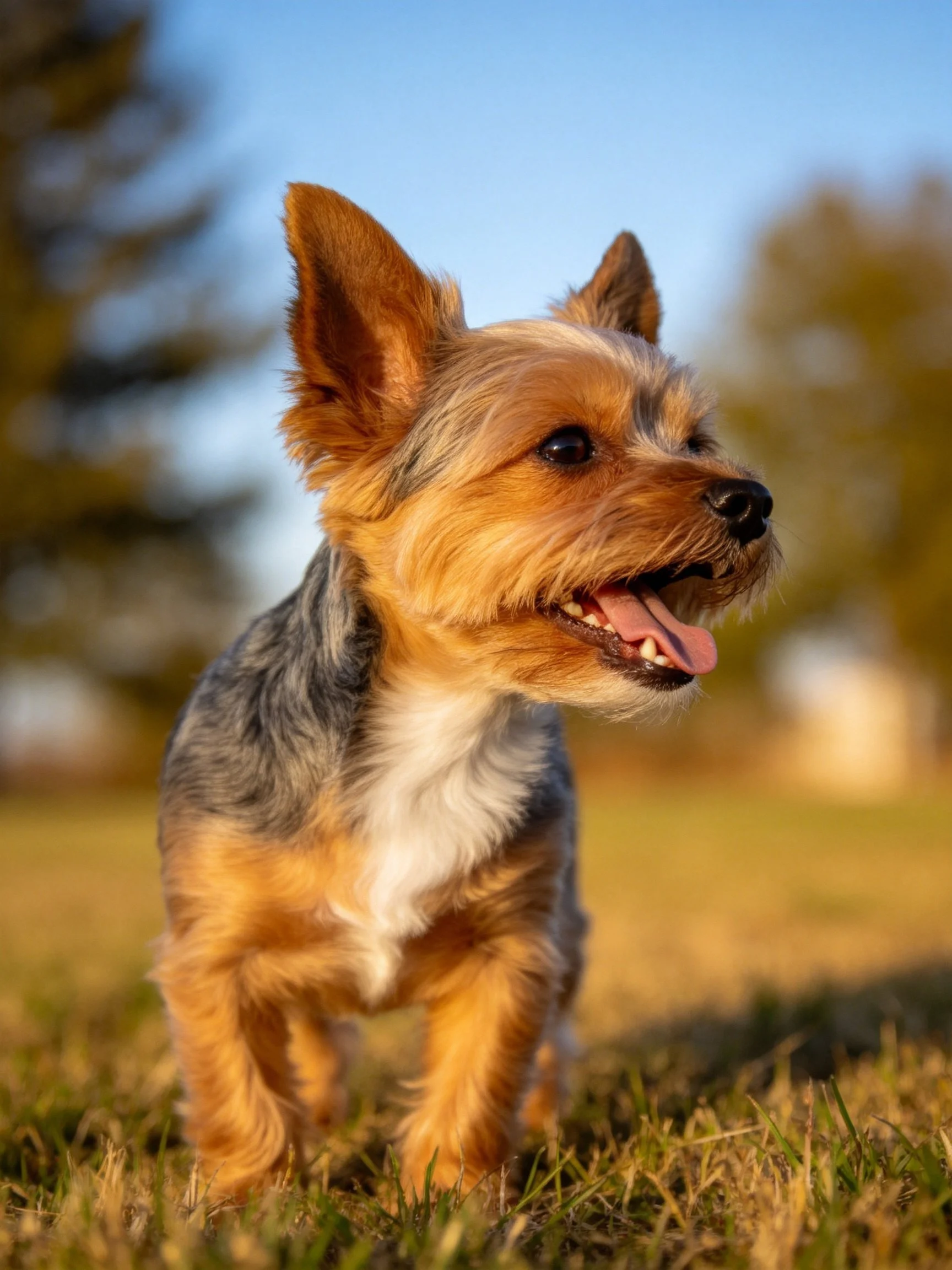 A small dog with multicolored fur stands on grass in an outdoor setting.