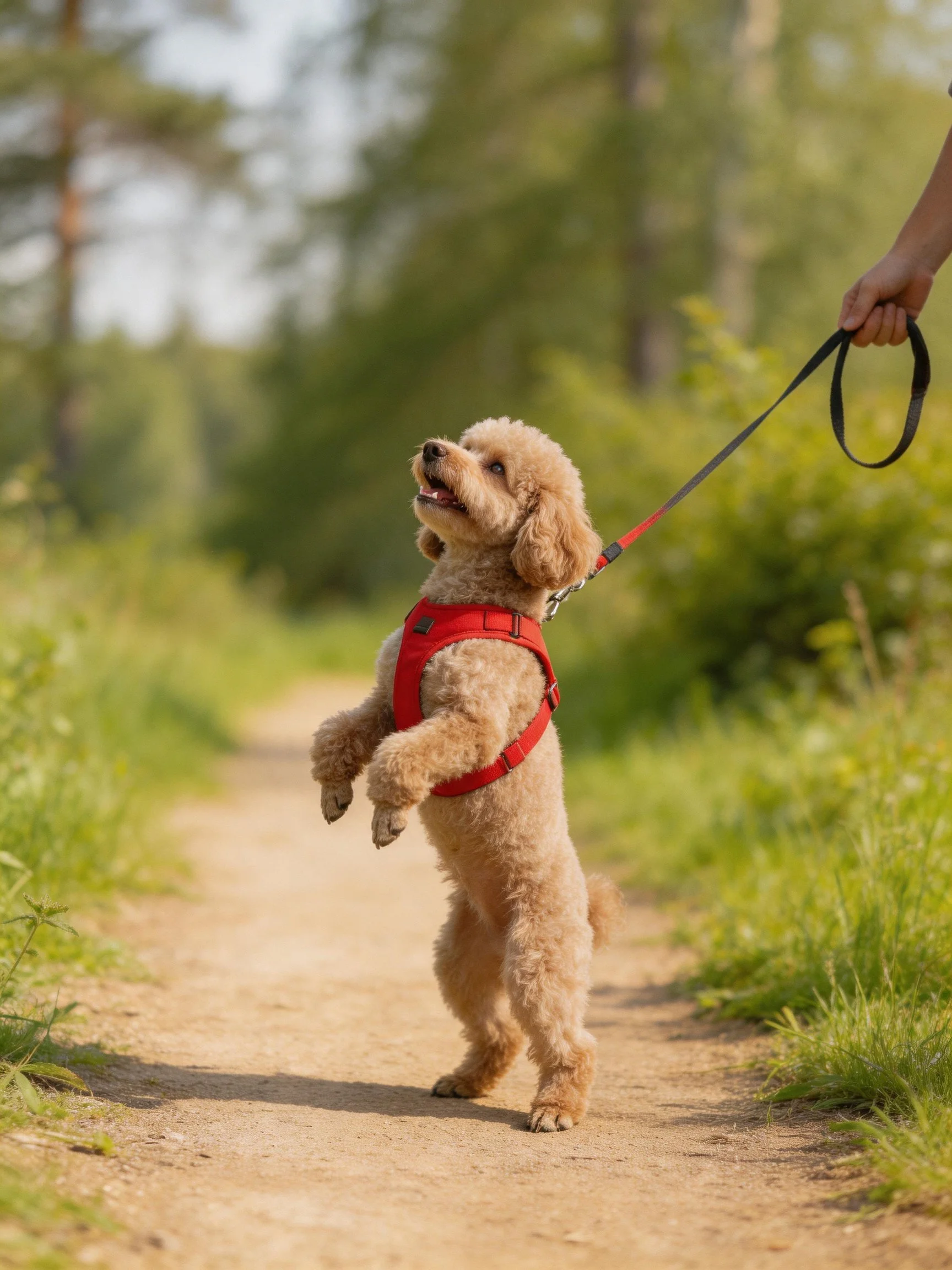 A small tan poodle wearing a red harness stands on its hind legs on a dirt path.