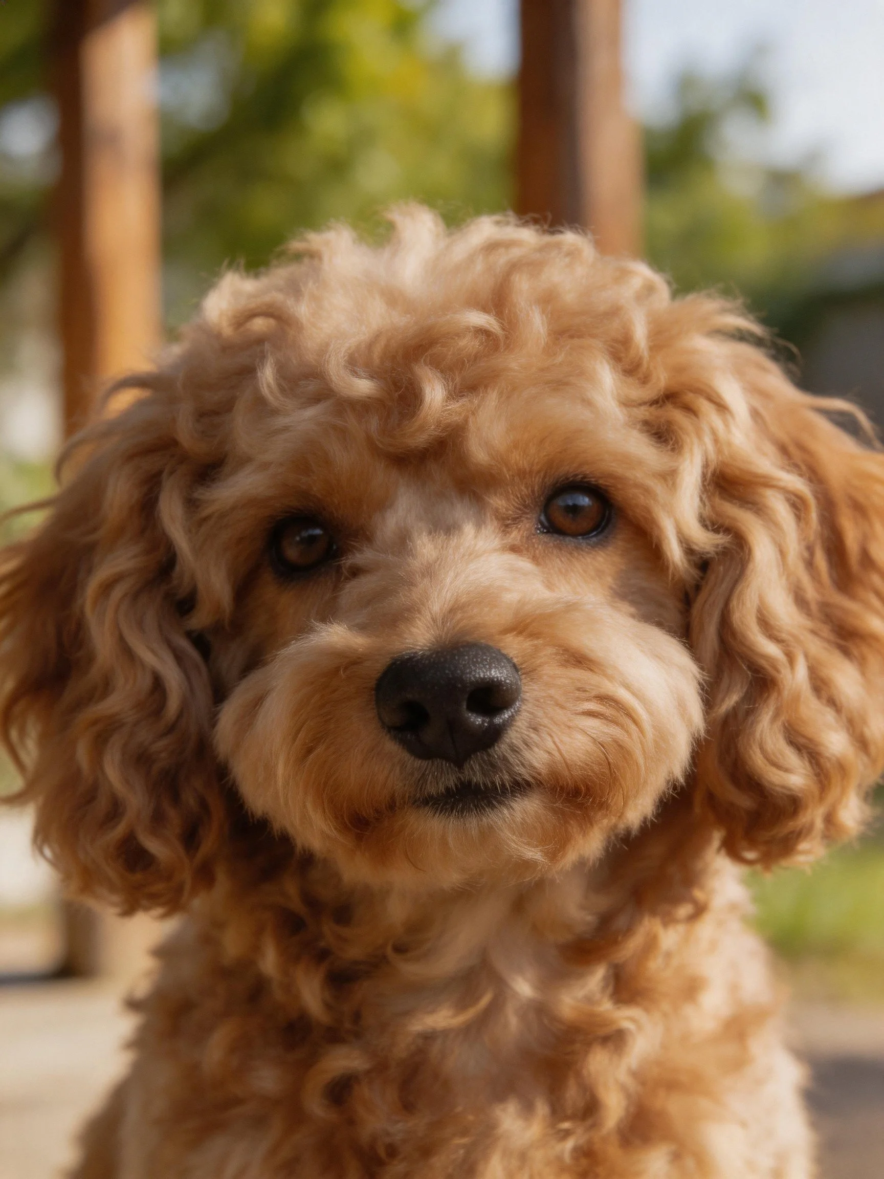 A small tan poodle with curly fur is photographed up close outdoors.