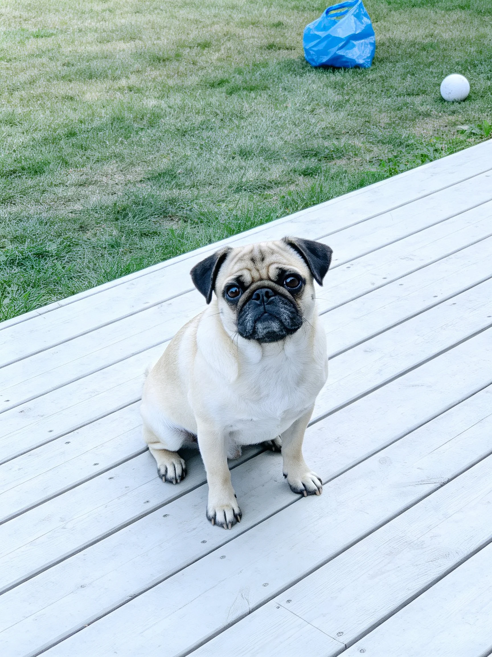 A small tan pug sits on a white wooden deck near green grass