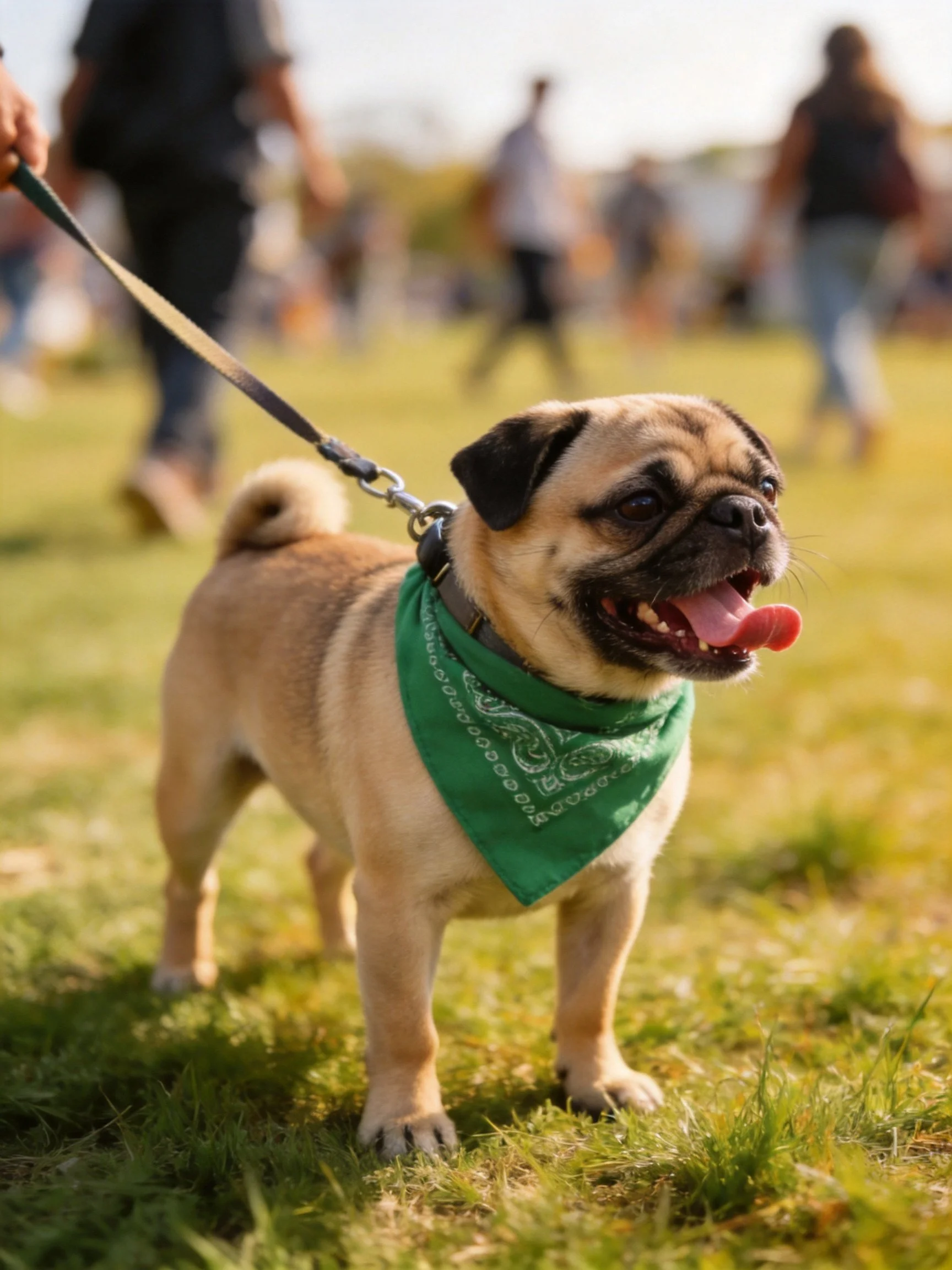 A small tan pug with a green bandana stands on grass in a busy outdoor area.
