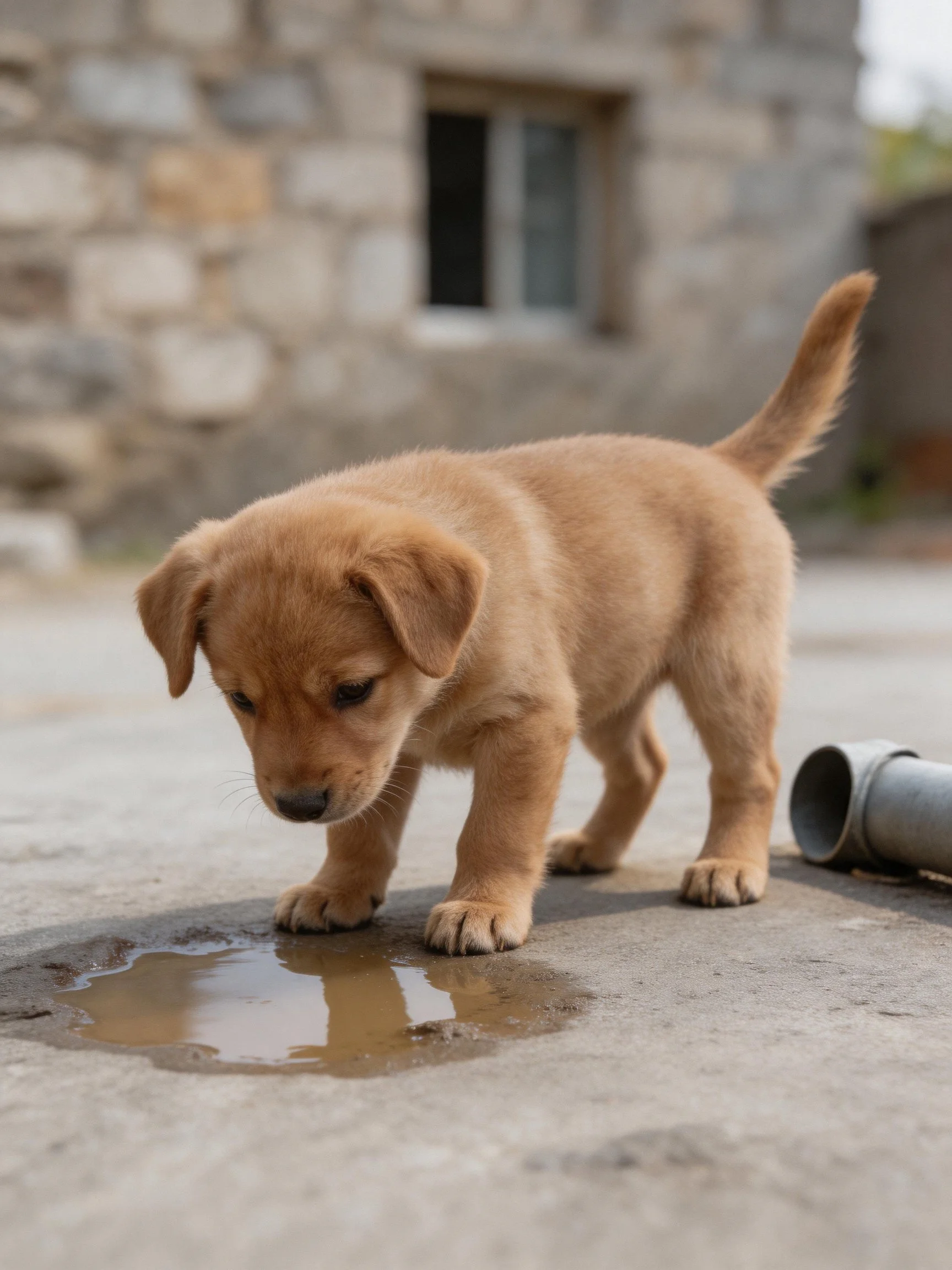 A small tan puppy investigates a puddle on a concrete surface near a stone building