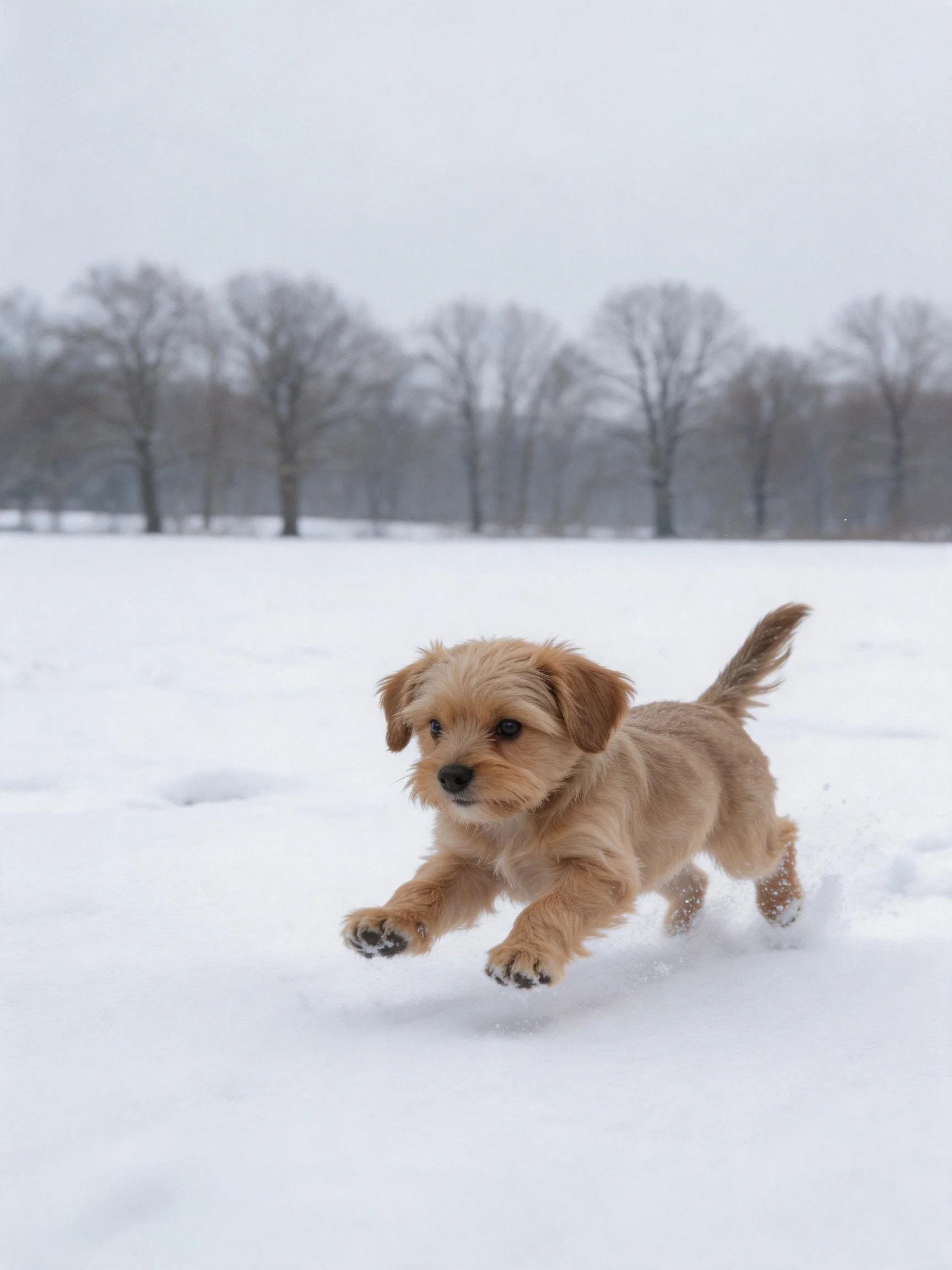 A small tan puppy runs through a snowy field near bare trees.