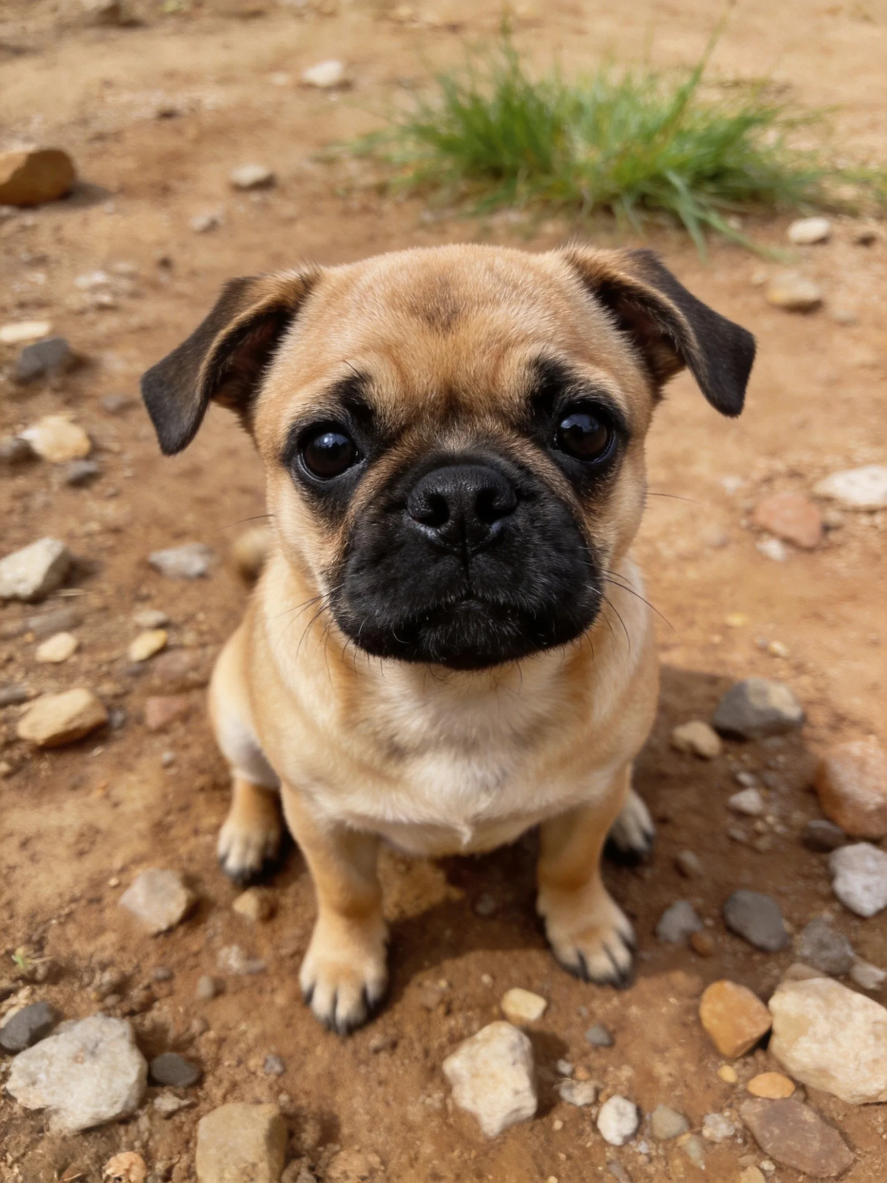 A small tan puppy sits among scattered rocks on dirt ground