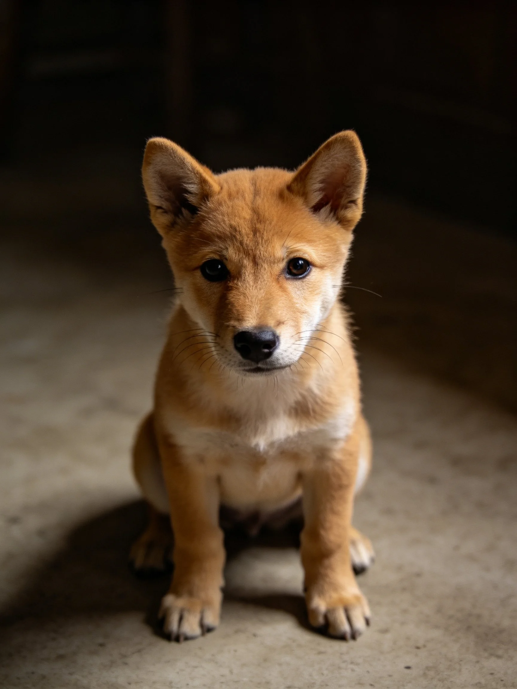 A young tan puppy sits calmly on a concrete floor with a dark backdrop