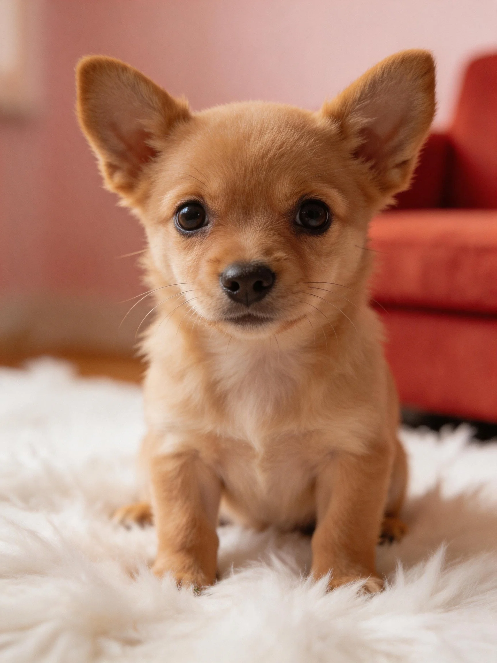 A small tan puppy sits on a fluffy white rug indoors.