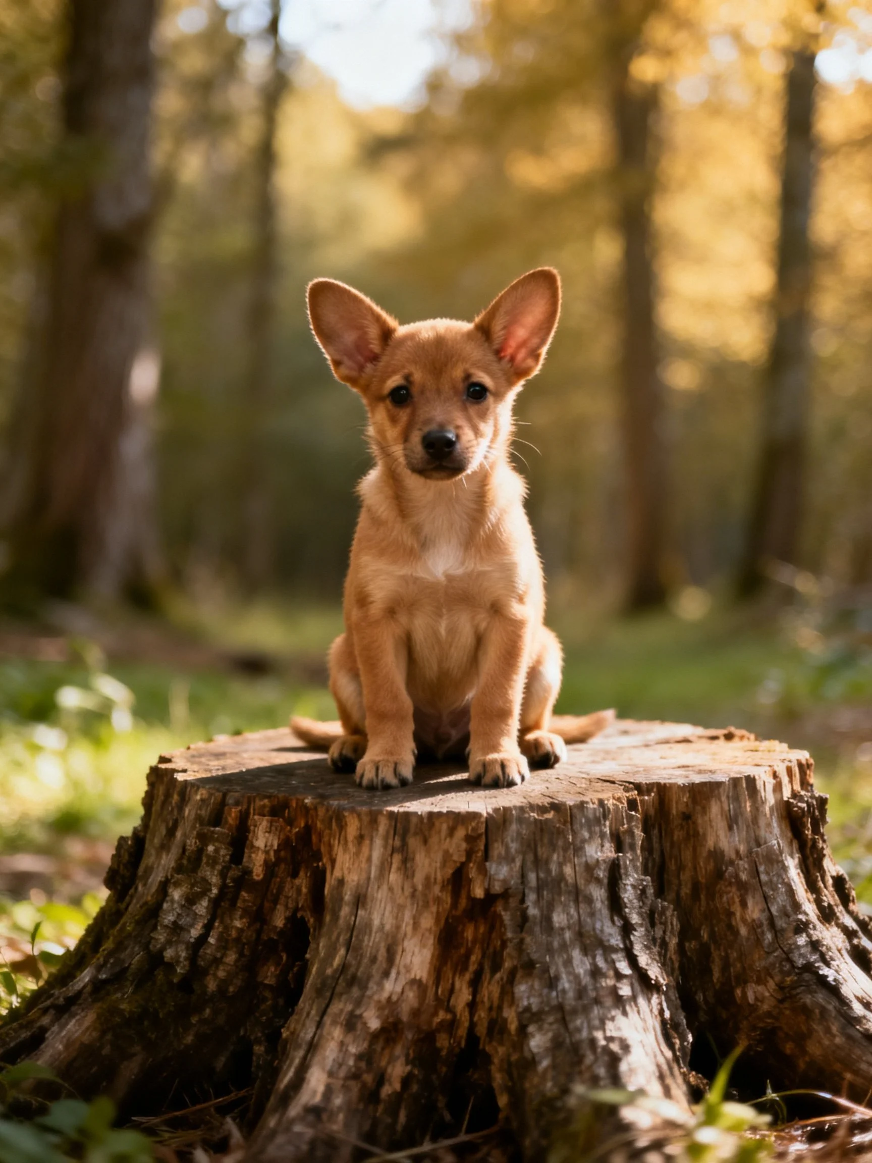 A small tan puppy sits atop a weathered tree stump in a sunlit forest setting.