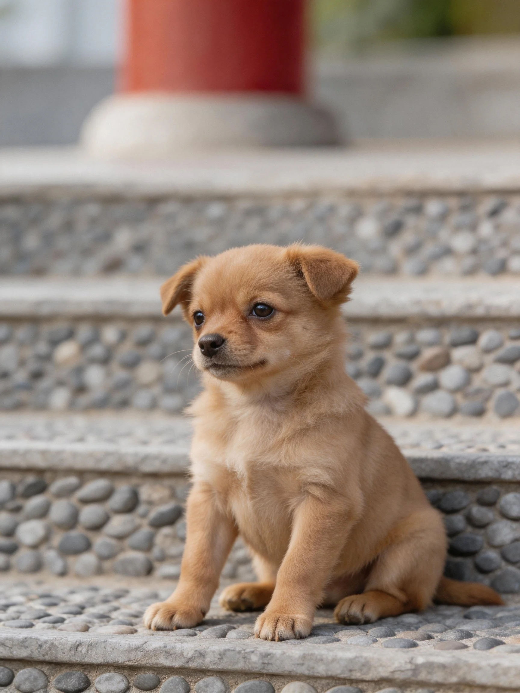 A small tan puppy sits calmly on pebbled stone steps outside.