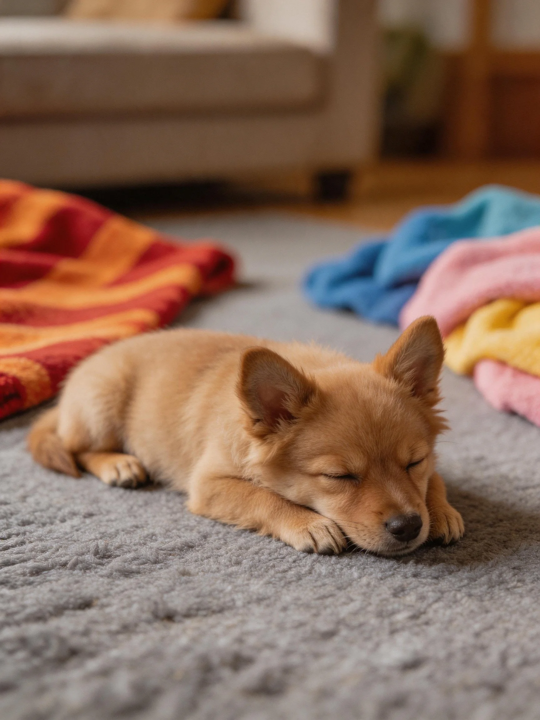A small tan puppy sleeps among colorful blankets on a gray carpet.