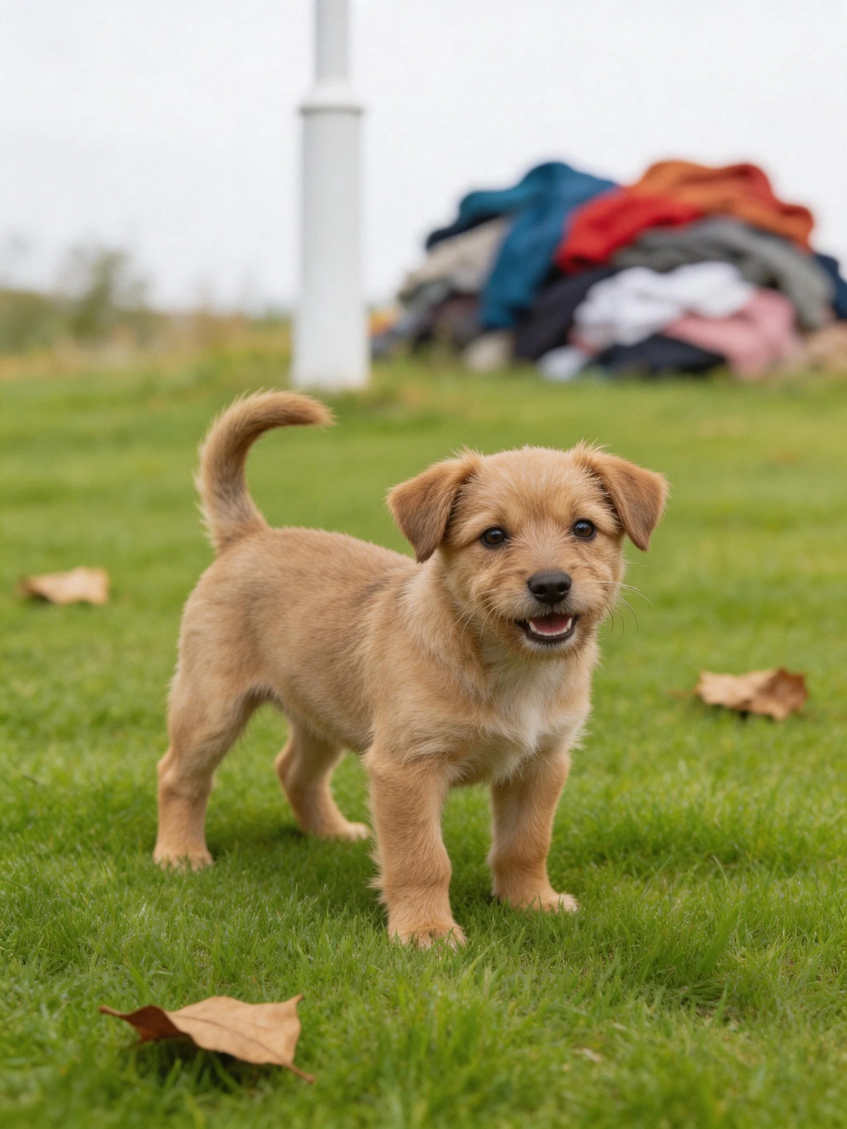 A small tan puppy stands on green grass with a pile of clothes behind it.