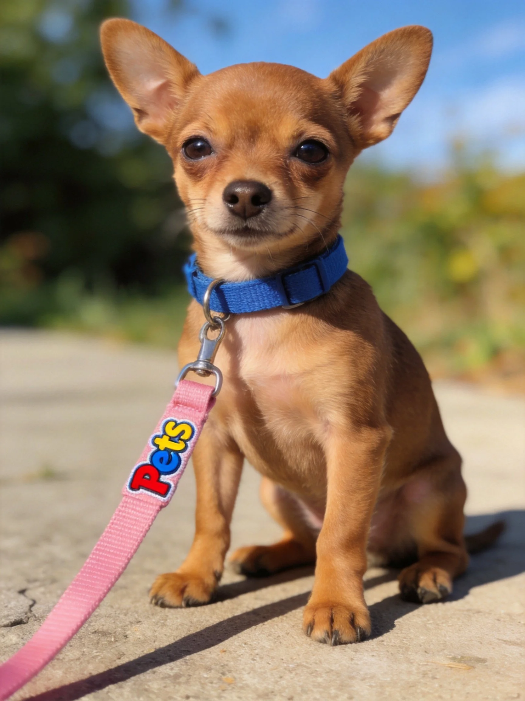 A small tan puppy sits outdoors with a blue collar connected to a pink leash.