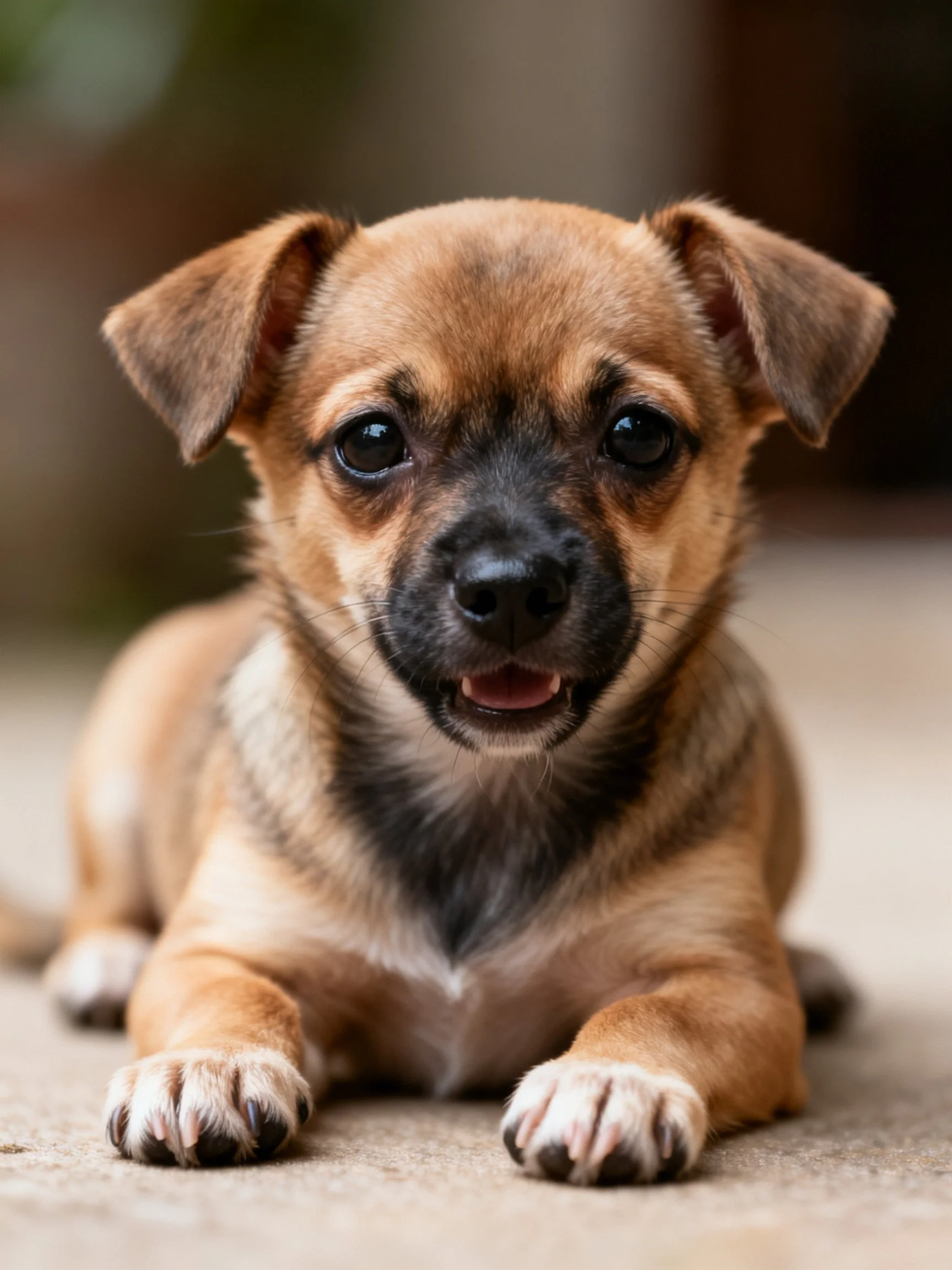 A small tan puppy with dark facial markings rests calmly on a smooth surface.