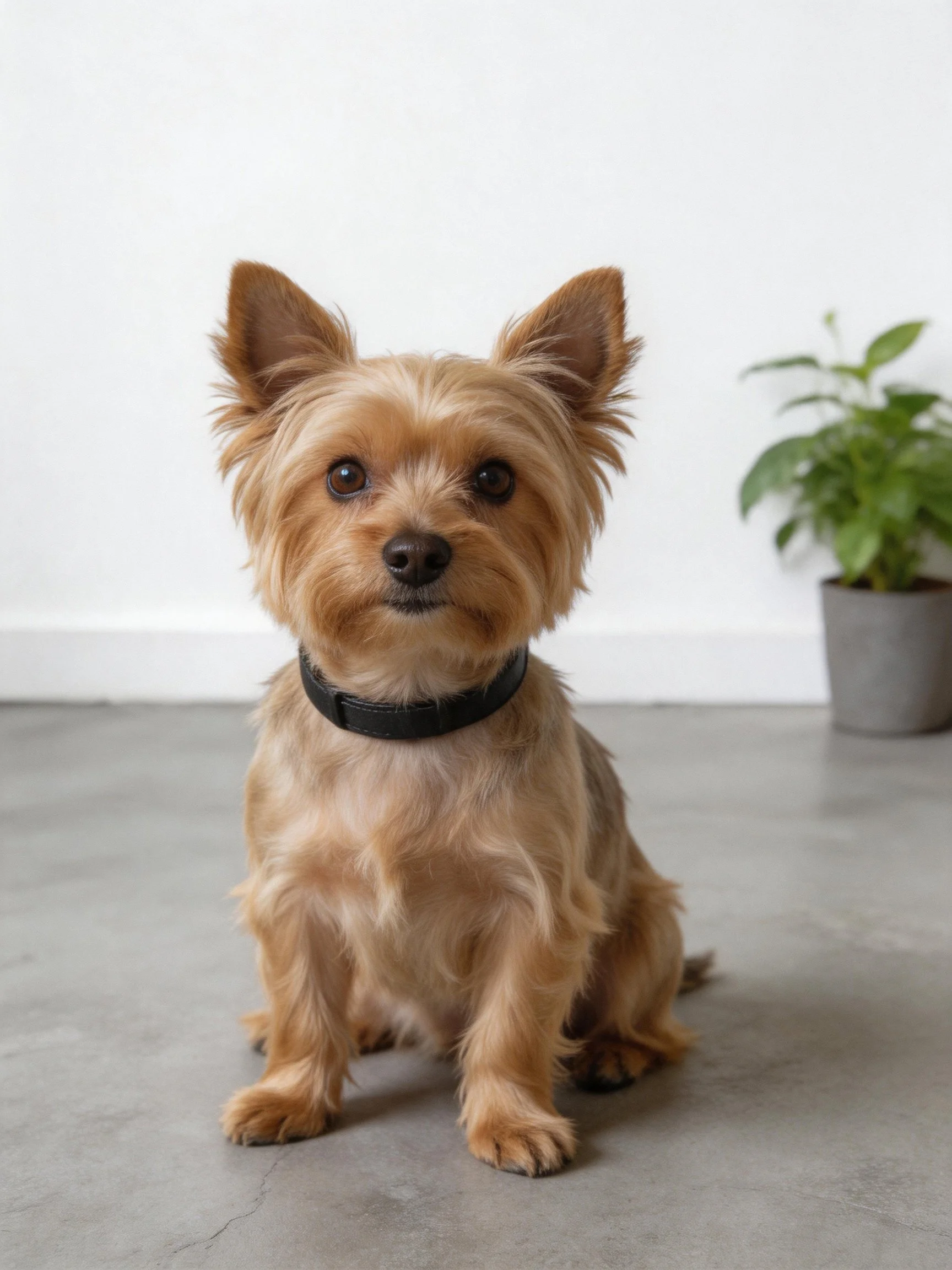 A small tan terrier sits calmly on a gray floor near a potted plant
