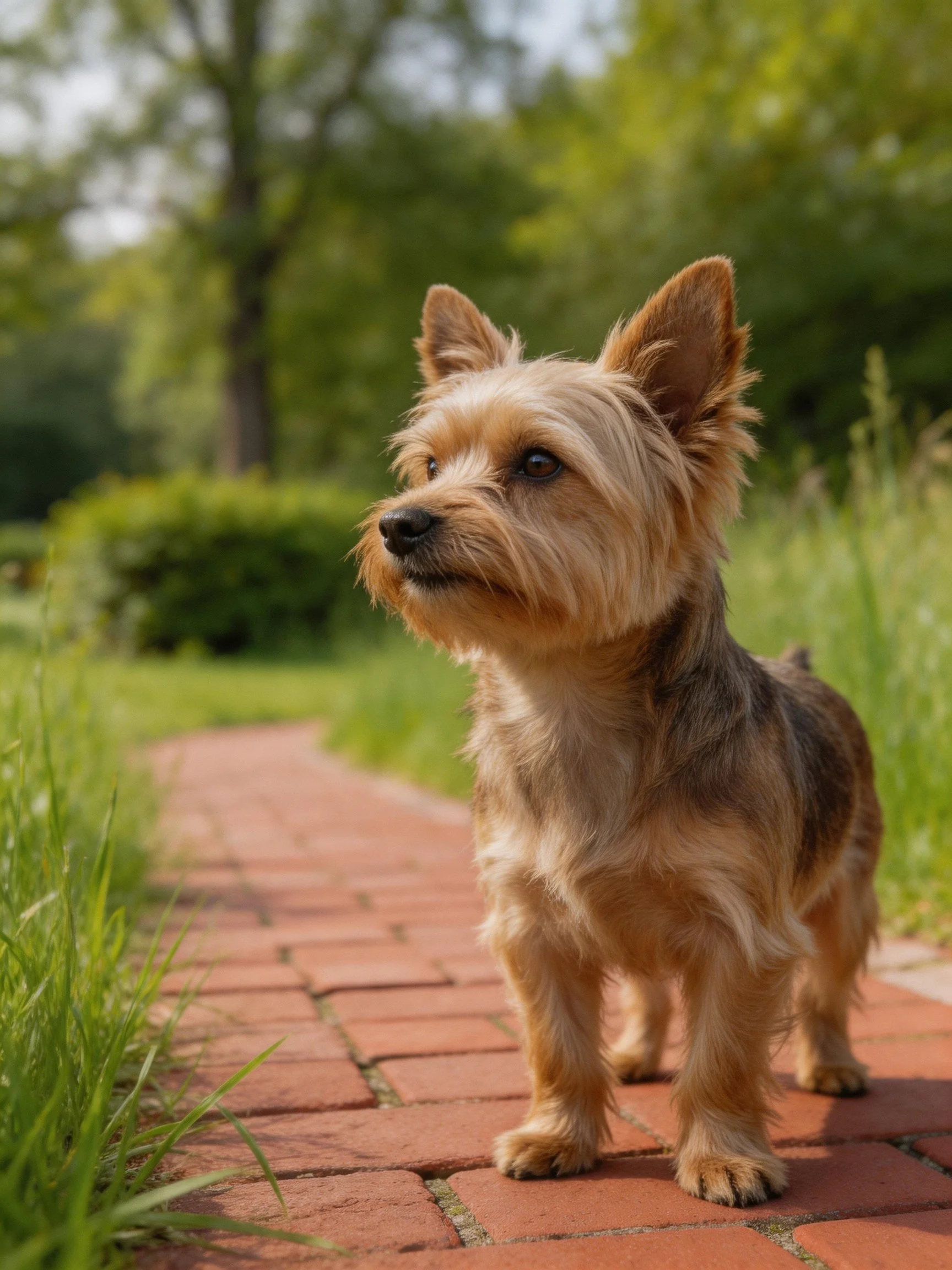 A small tan terrier stands alert on a red brick path in a green park.