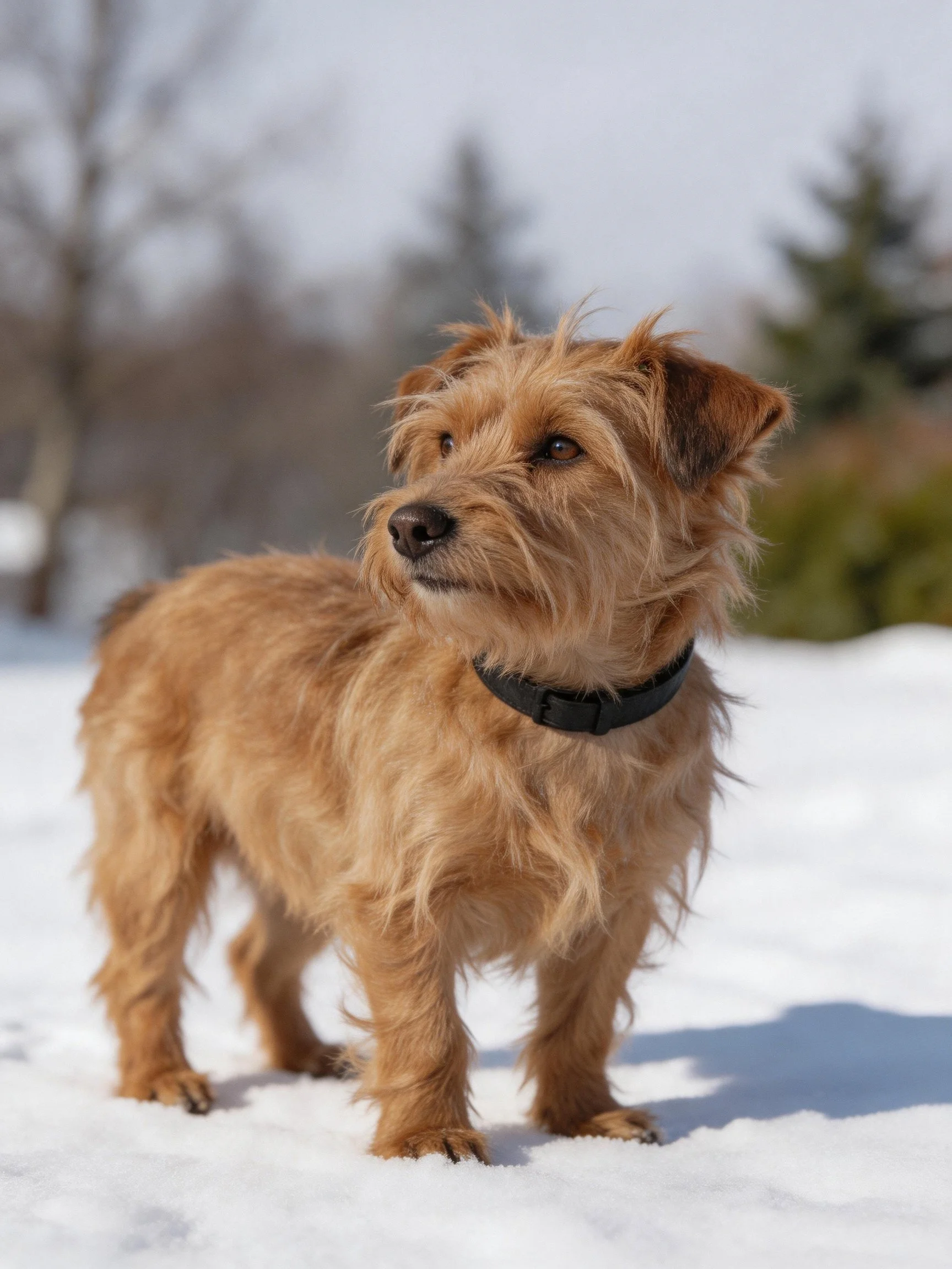 A small tan terrier stands alert on snow in a wintry landscape.