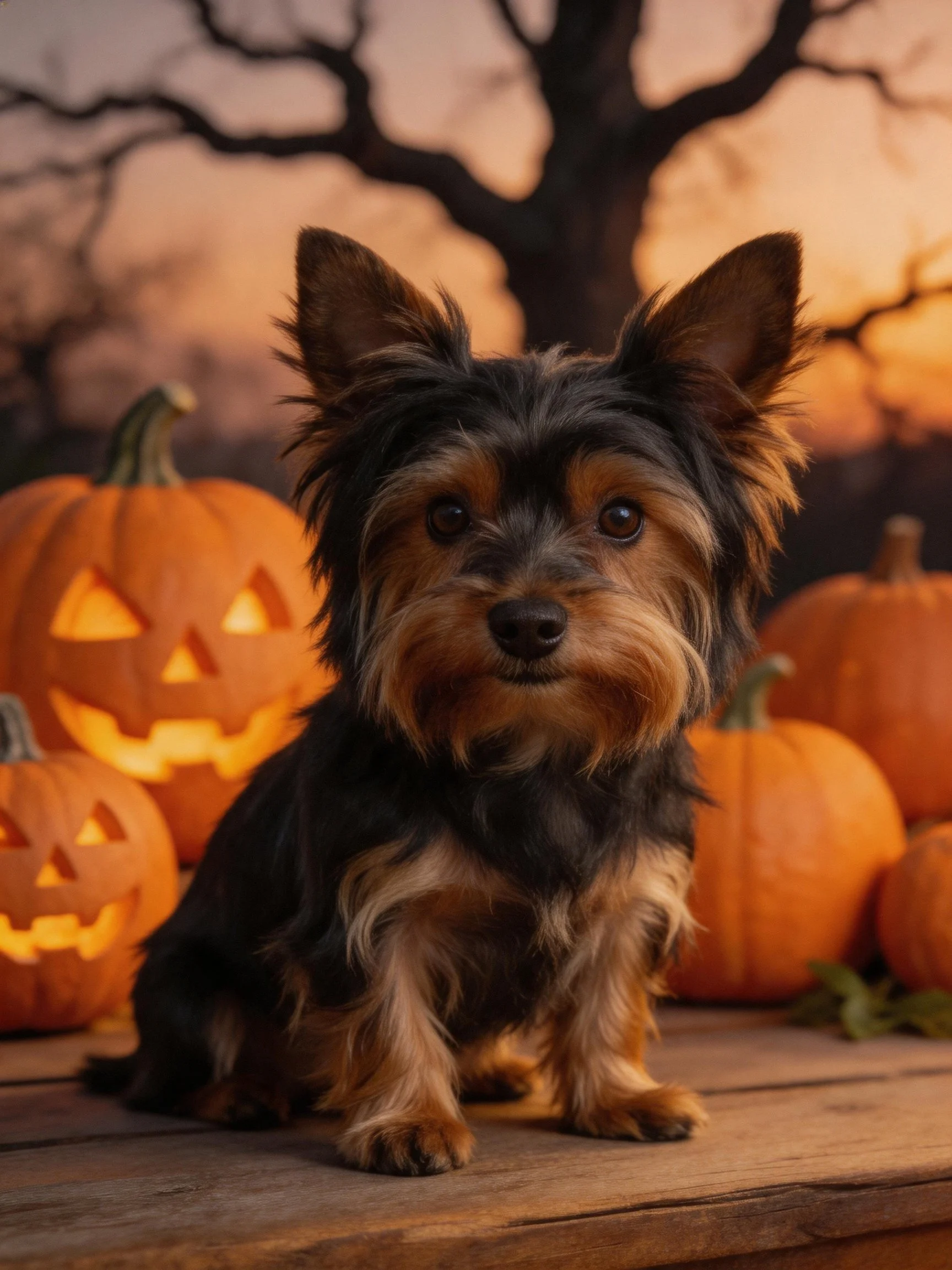 A small terrier dog sits among glowing jack-o’-lanterns under an eerie twilight sky