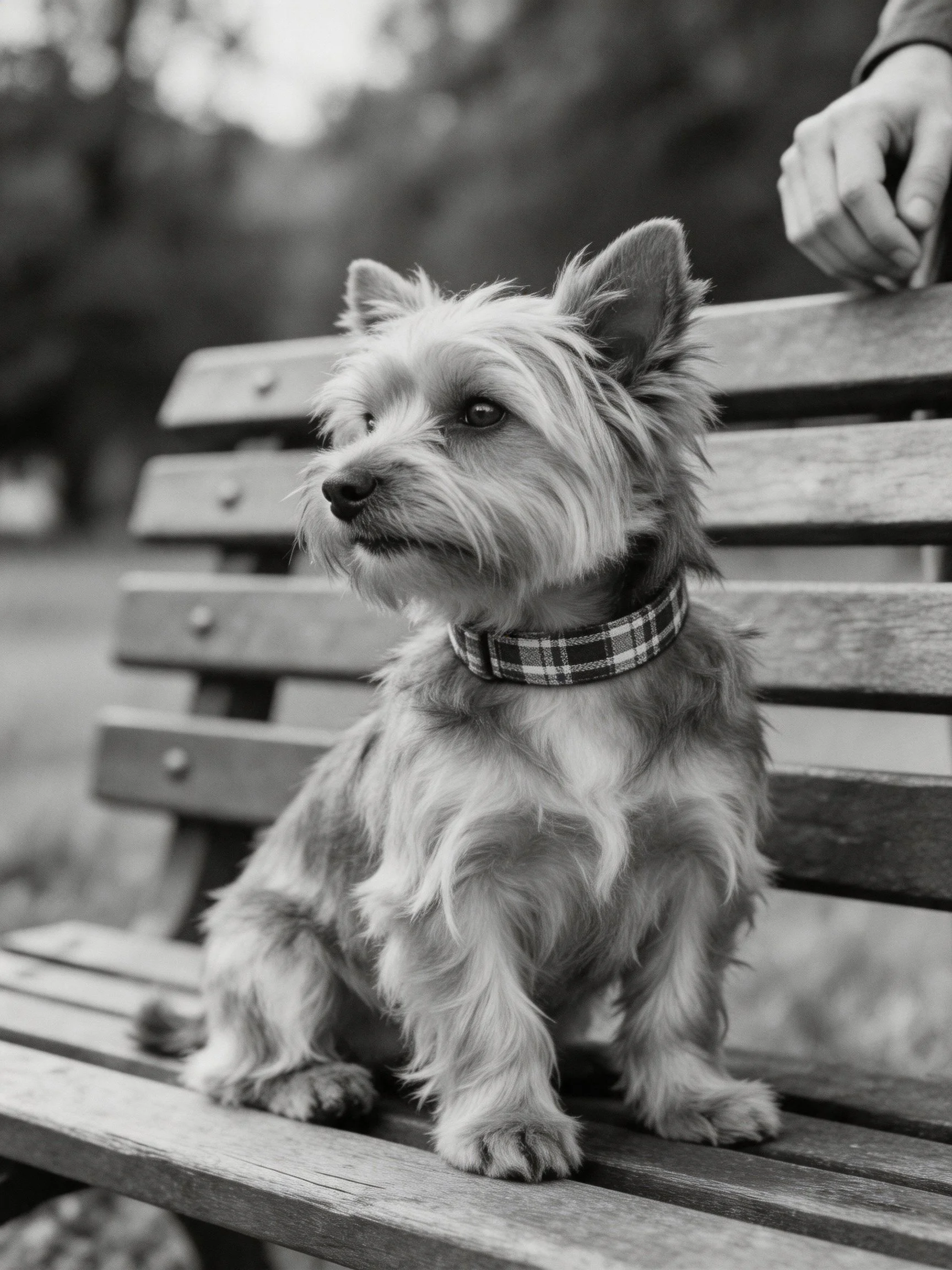 A small terrier dog sits calmly on a wooden bench near a human hand