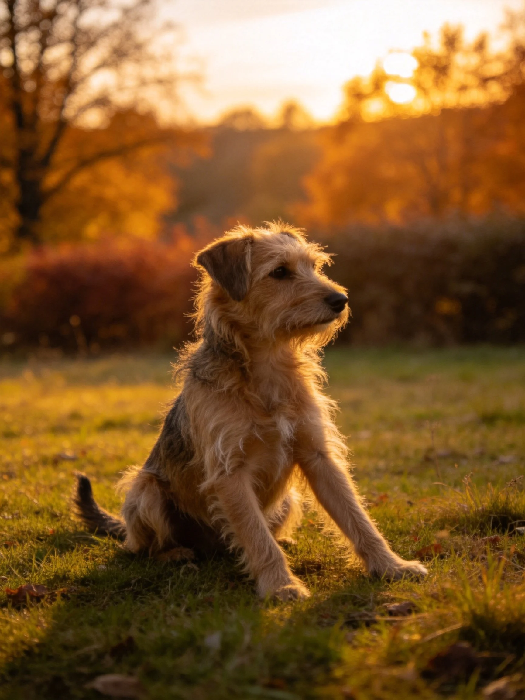 A small terrier dog sits on grass under golden sunset light.