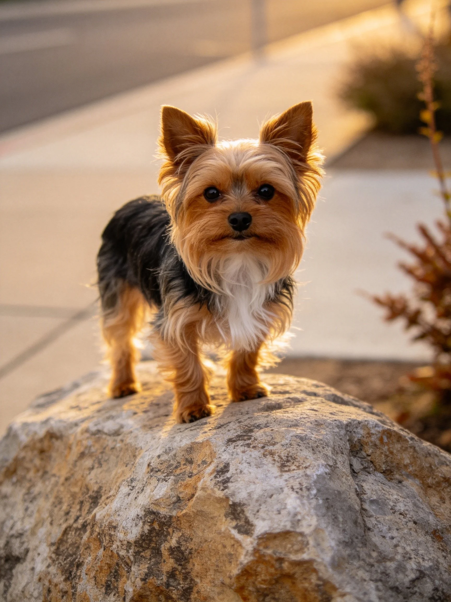 A small dog stands on a large rock in an outdoor sunlit area.
