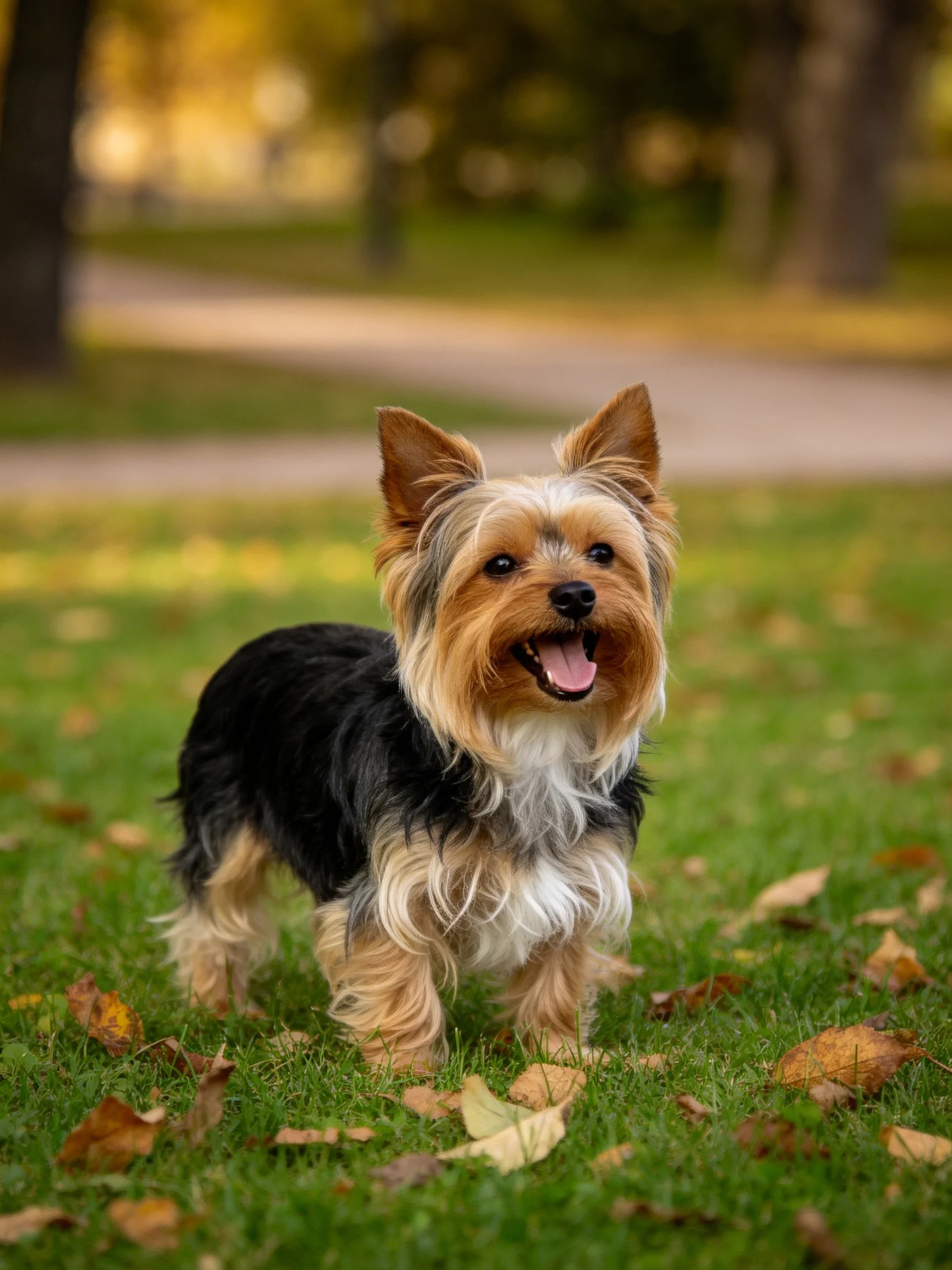 A cheerful small terrier dog stands on green grass with scattered autumn leaves