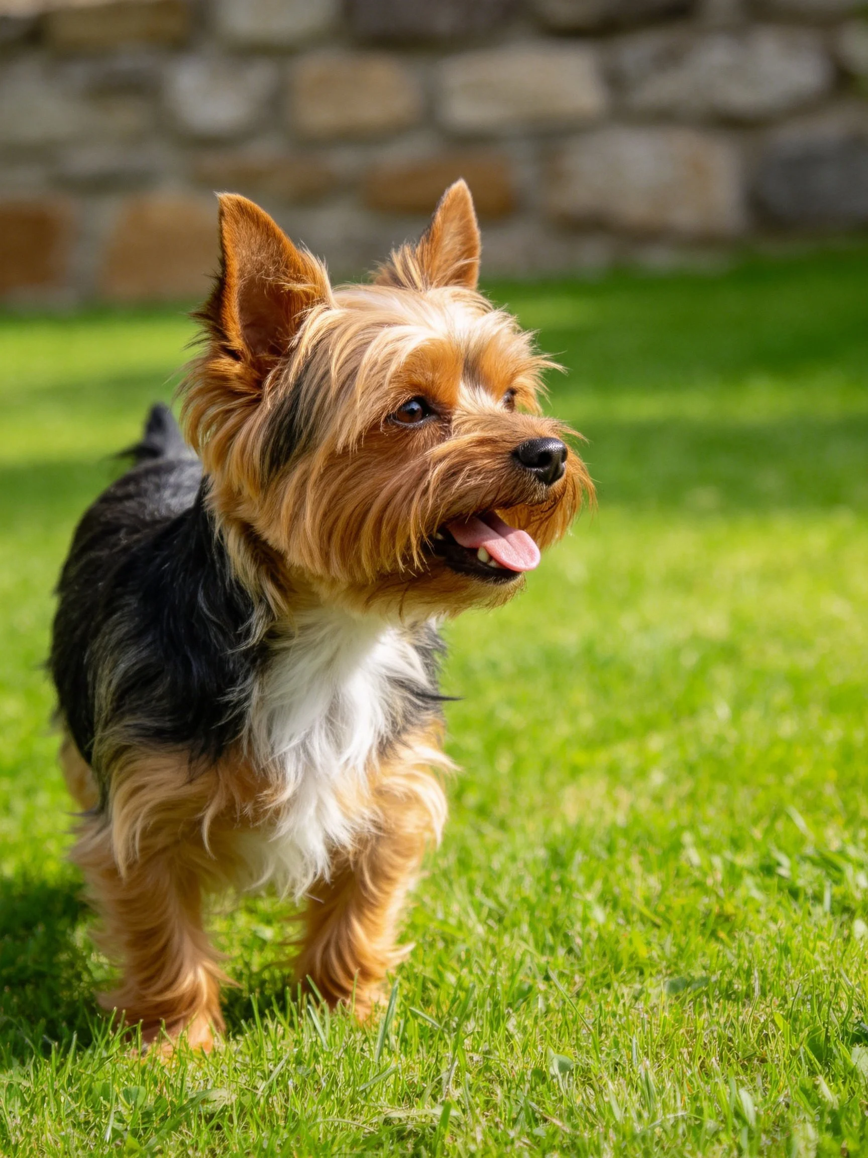 A small terrier dog stands on green grass near a stone wall.