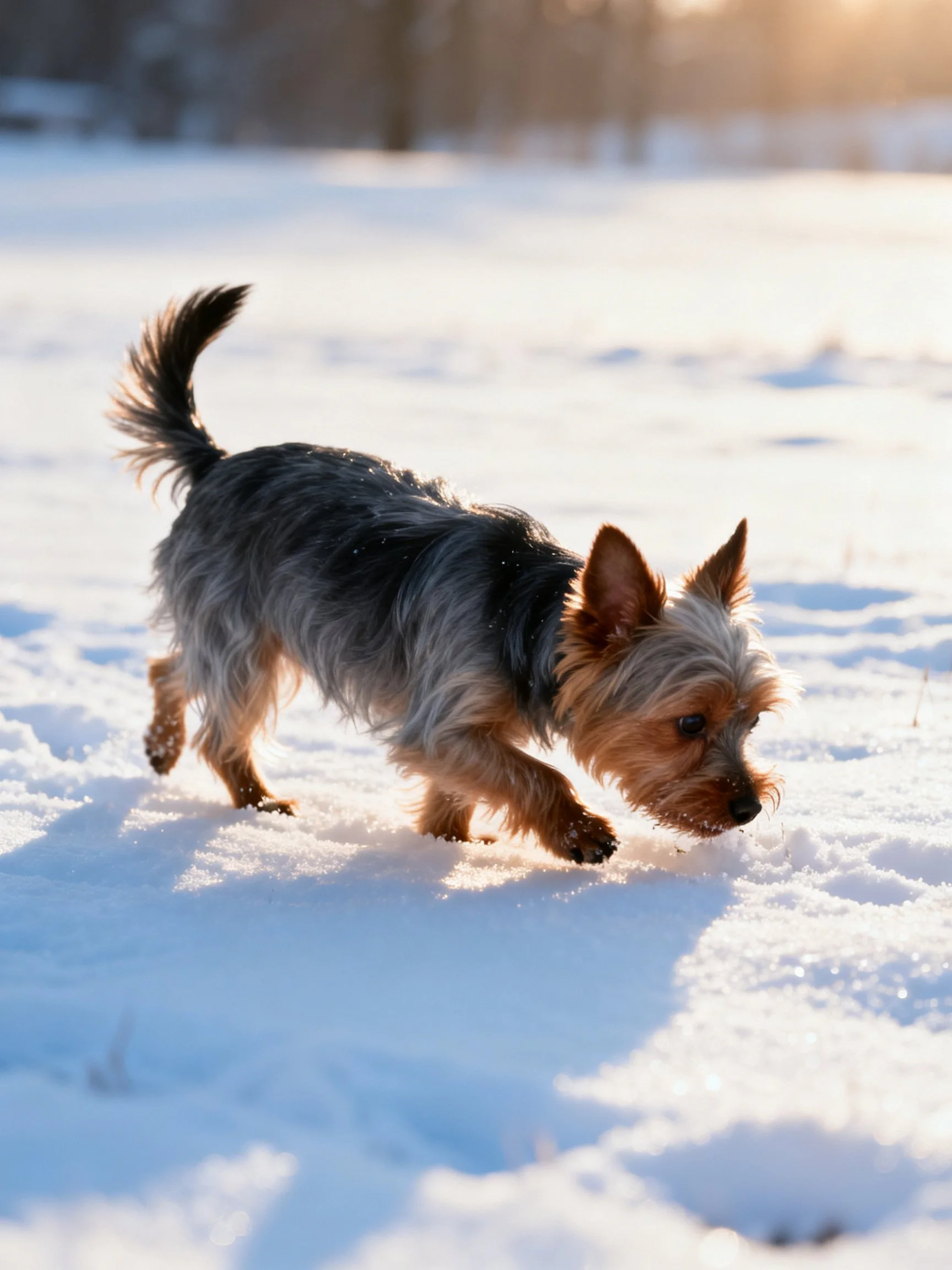 A small terrier sniffs the snow-covered ground in a sunlit outdoor area.
