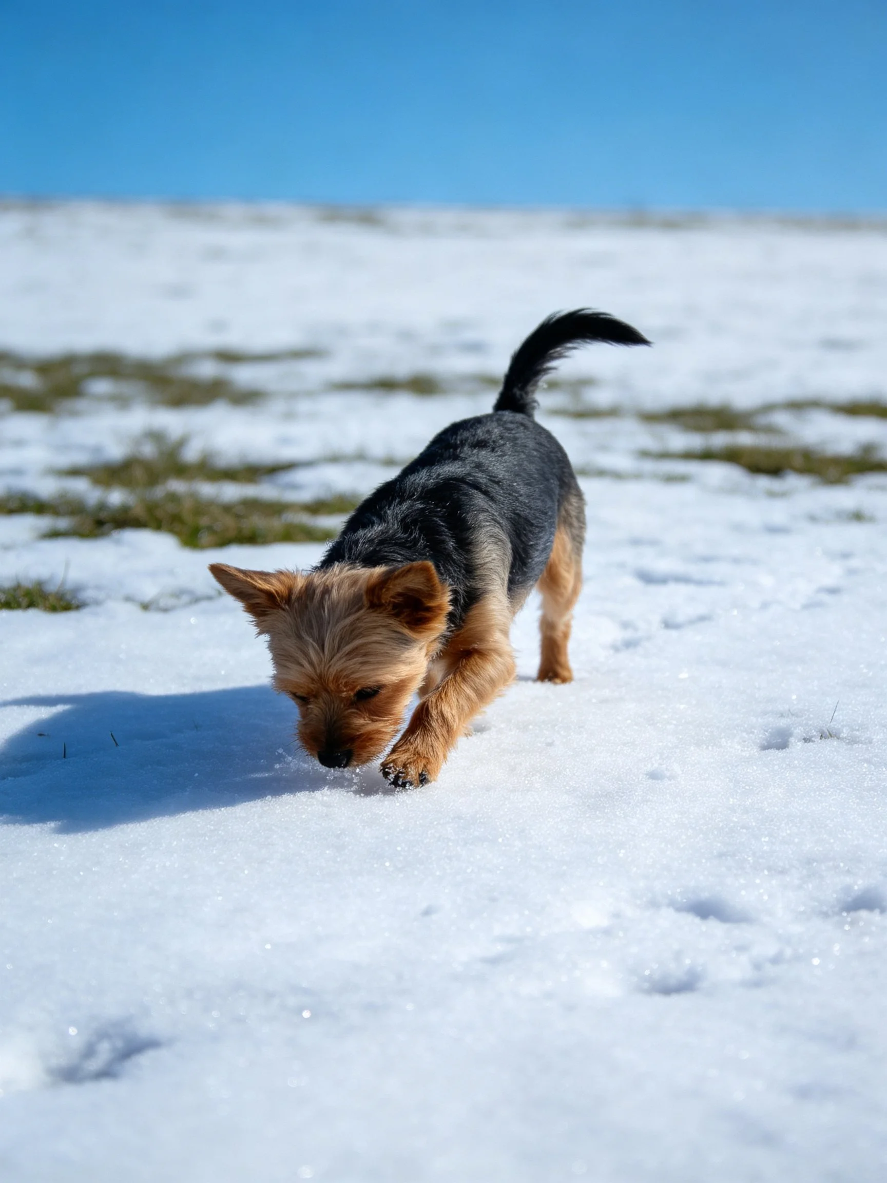 A small terrier plays in partially snow - covered ground with grass patches.