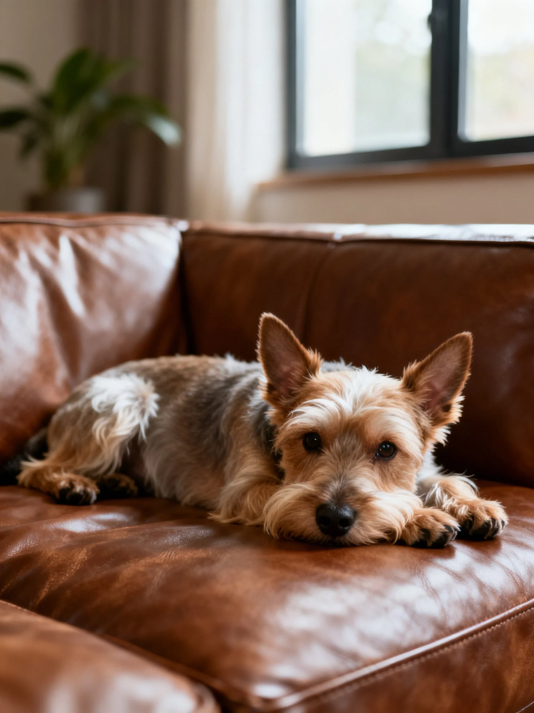 A small terrier relaxes on a brown leather couch in a sunlit room.