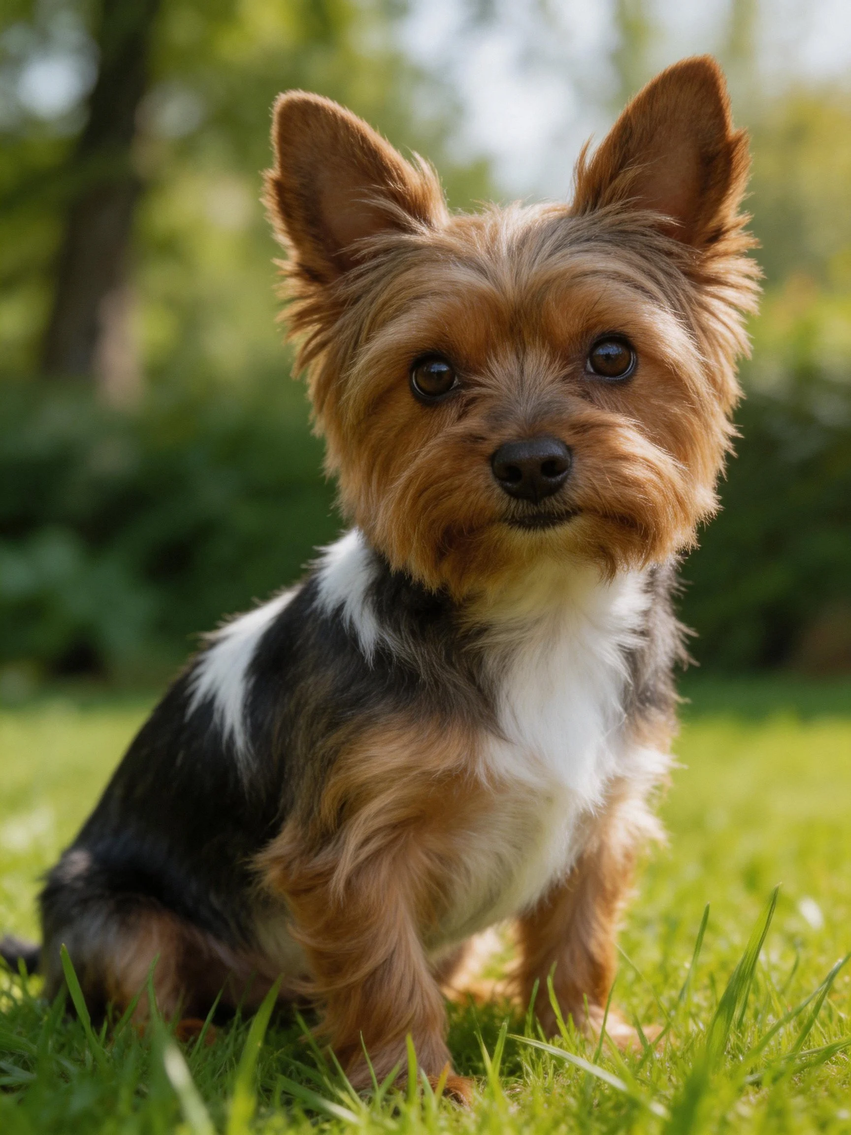 A small terrier mix with brown, black, and white fur on green grass