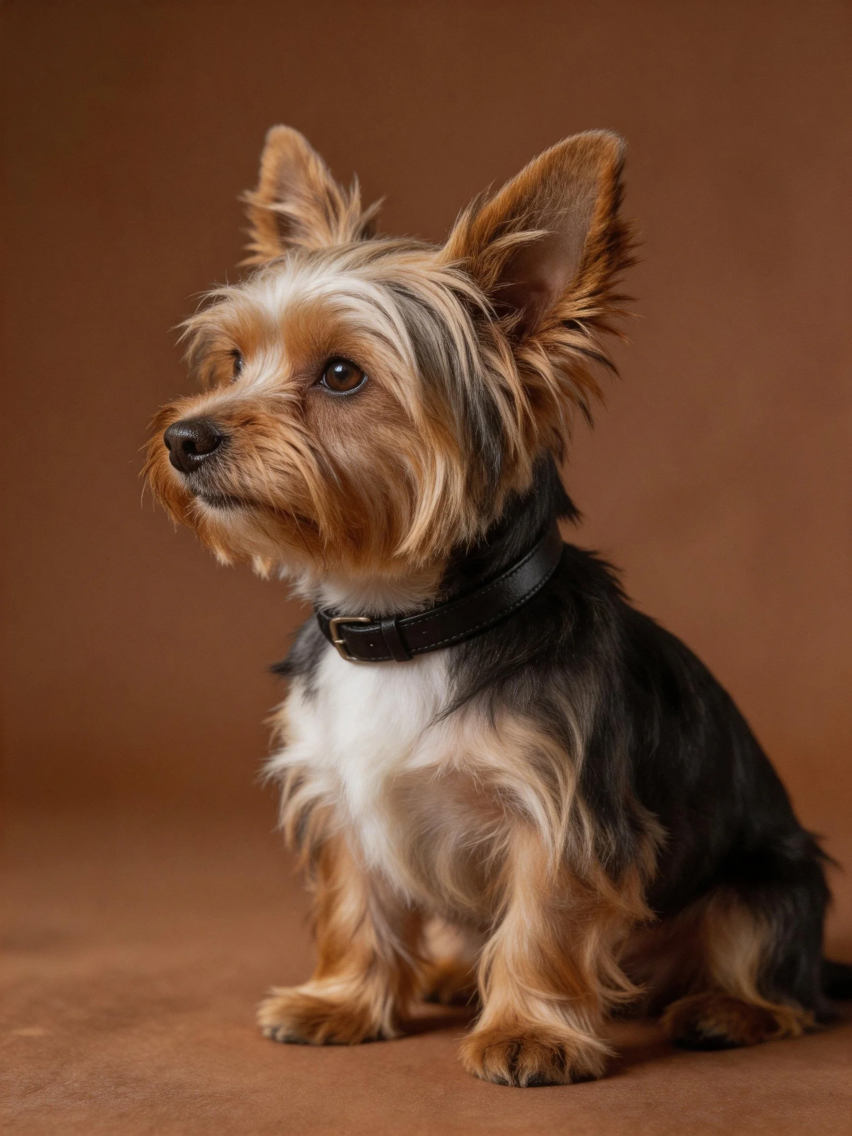 A small terrier mix with brown, black, and white fur sits attentively.