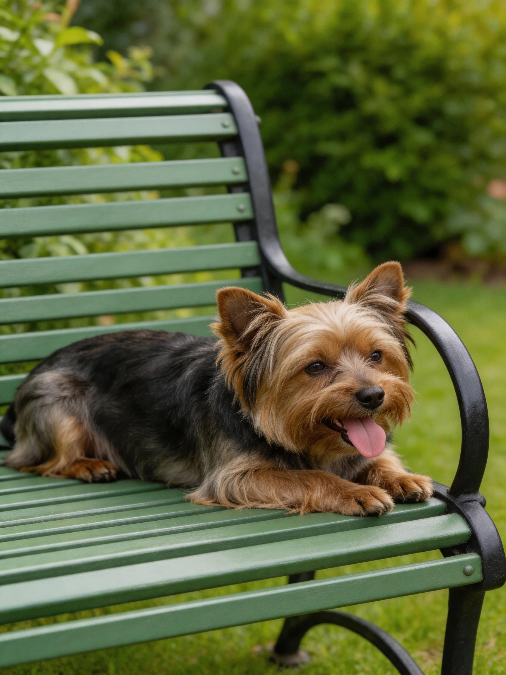 A small terrier relaxes on a green park bench amid lush greenery.
